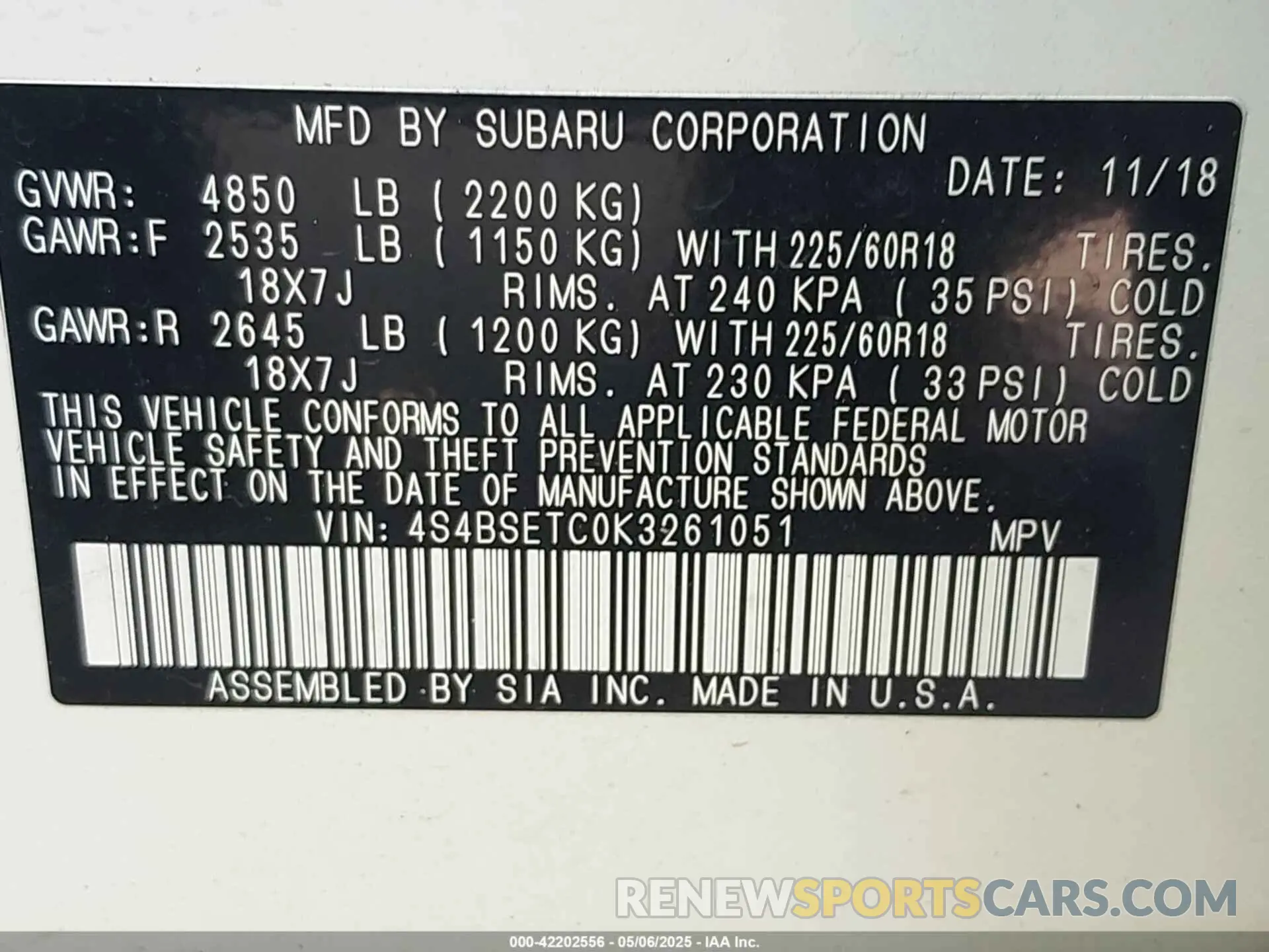 9 Photograph of a damaged car 4S4BSETC0K3261051 SUBARU OUTBACK 2019