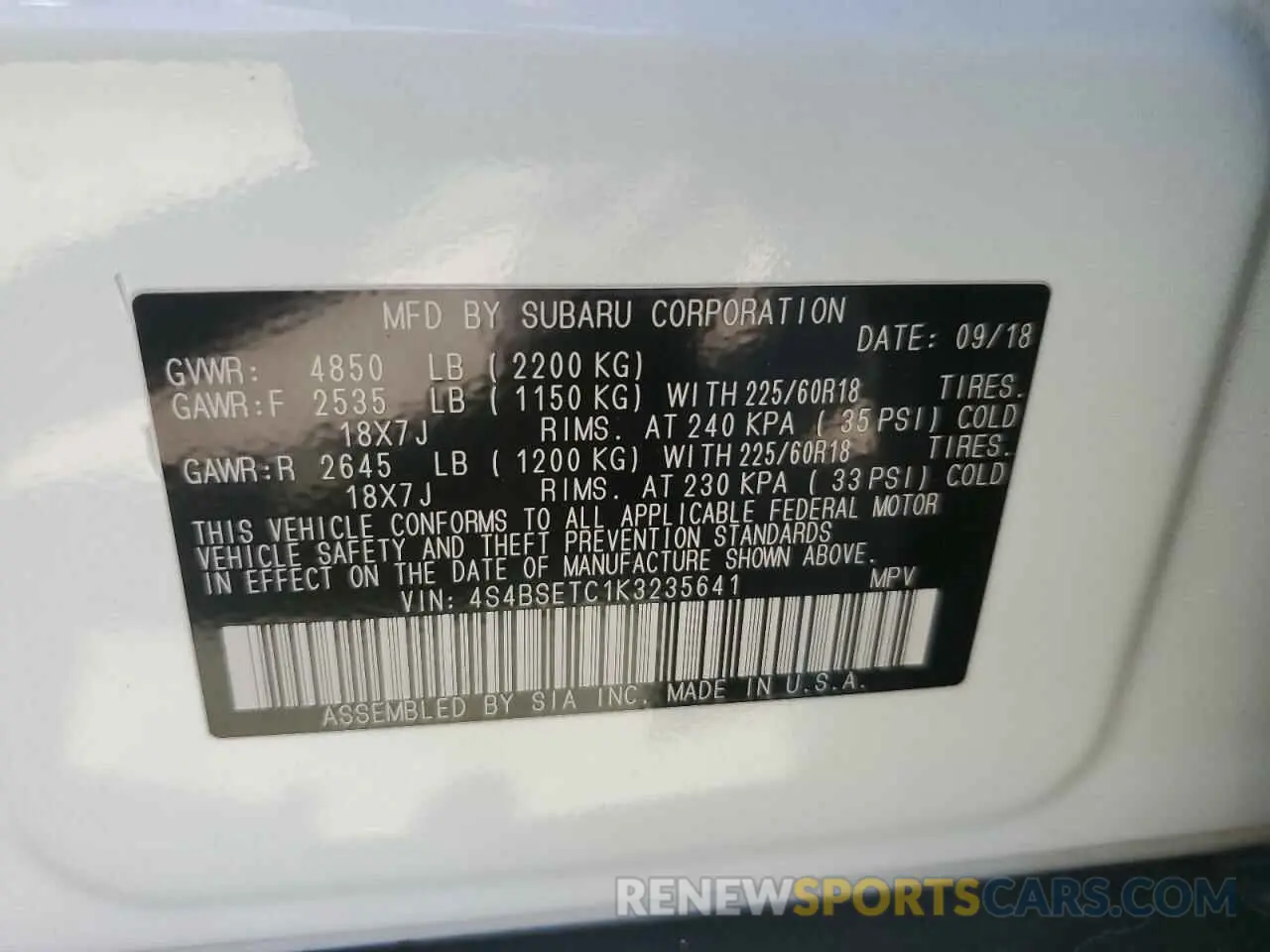 15 Photograph of a damaged car 4S4BSETC1K3235641 SUBARU OUTBACK 2019