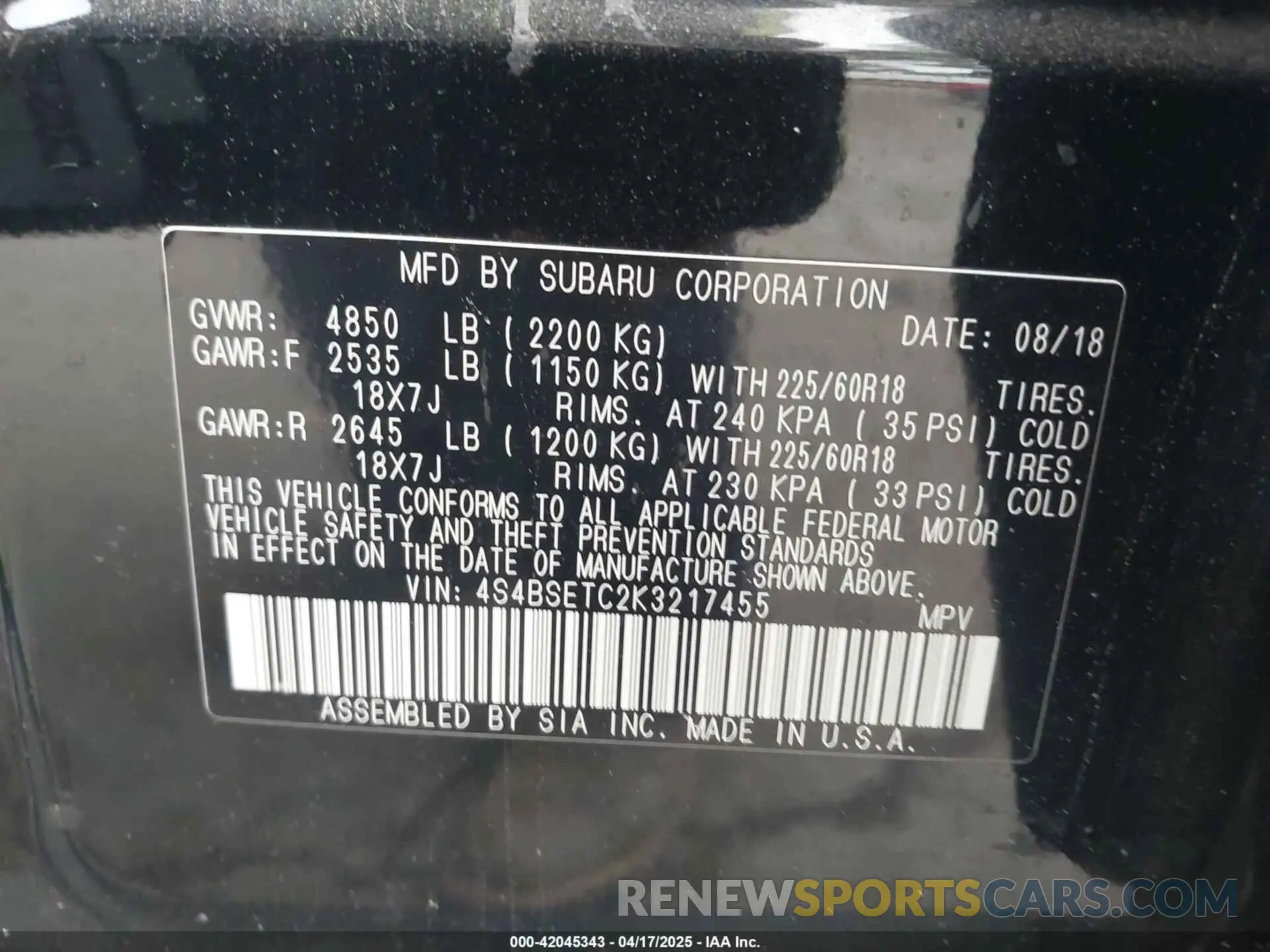 9 Photograph of a damaged car 4S4BSETC2K3217455 SUBARU OUTBACK 2019