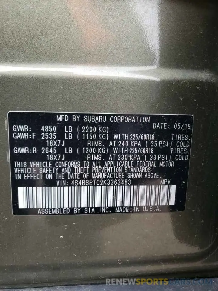13 Photograph of a damaged car 4S4BSETC2K3363483 SUBARU OUTBACK 2019