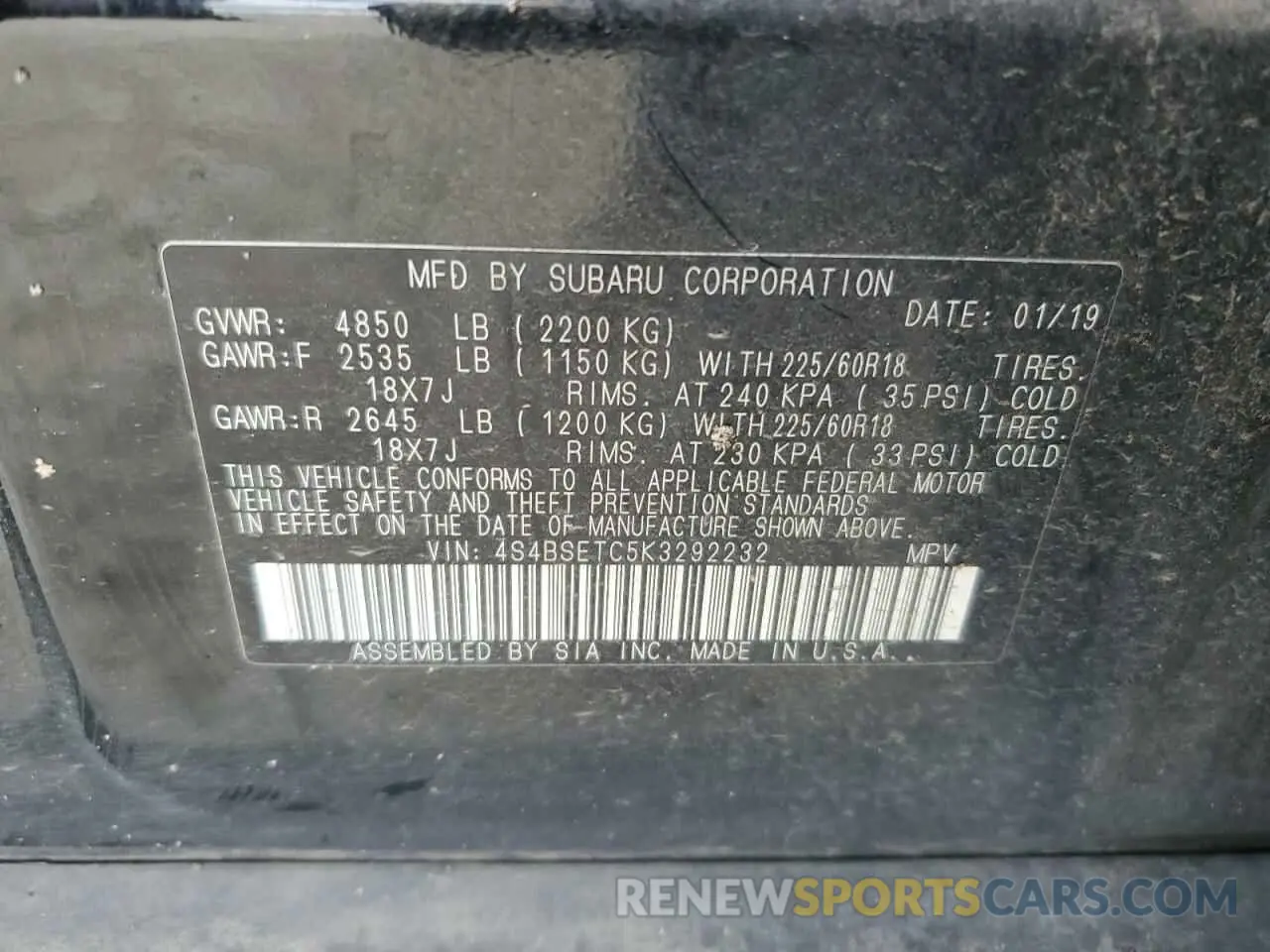 15 Photograph of a damaged car 4S4BSETC5K3292232 SUBARU OUTBACK 2019