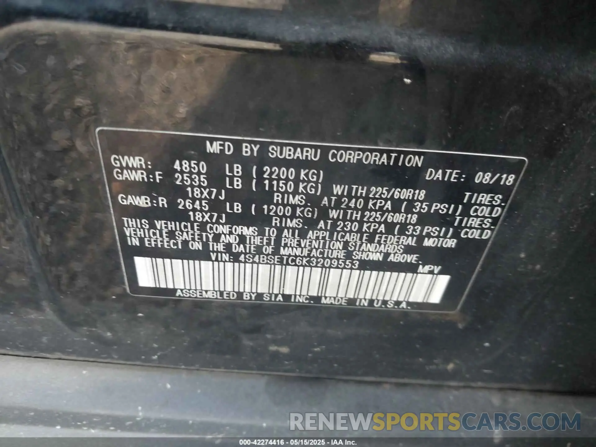 9 Photograph of a damaged car 4S4BSETC6K3209553 SUBARU OUTBACK 2019
