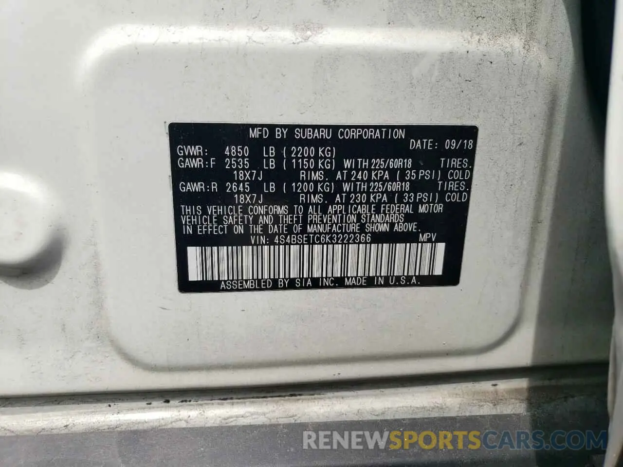 13 Photograph of a damaged car 4S4BSETC6K3222366 SUBARU OUTBACK 2019