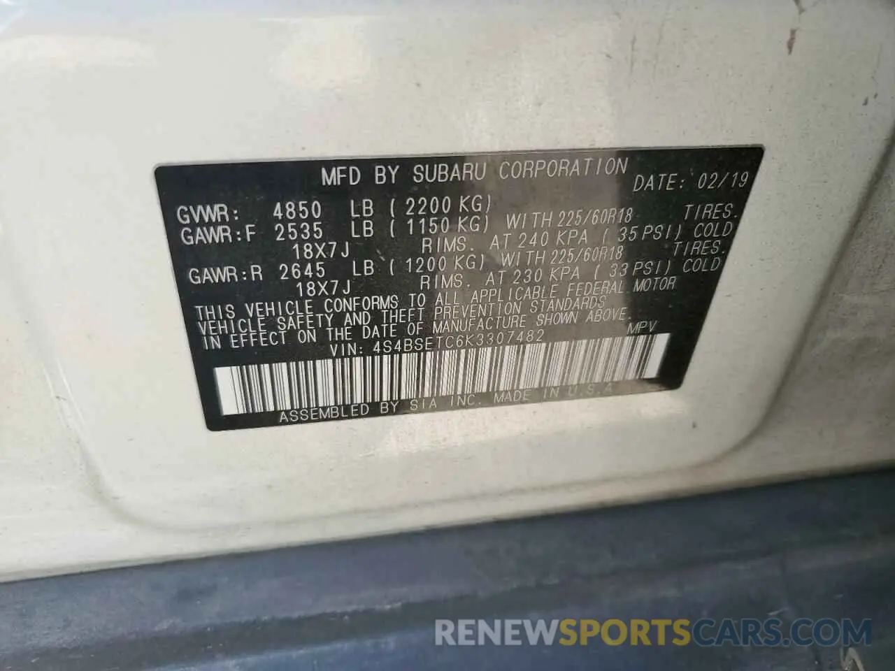 13 Photograph of a damaged car 4S4BSETC6K3307482 SUBARU OUTBACK 2019