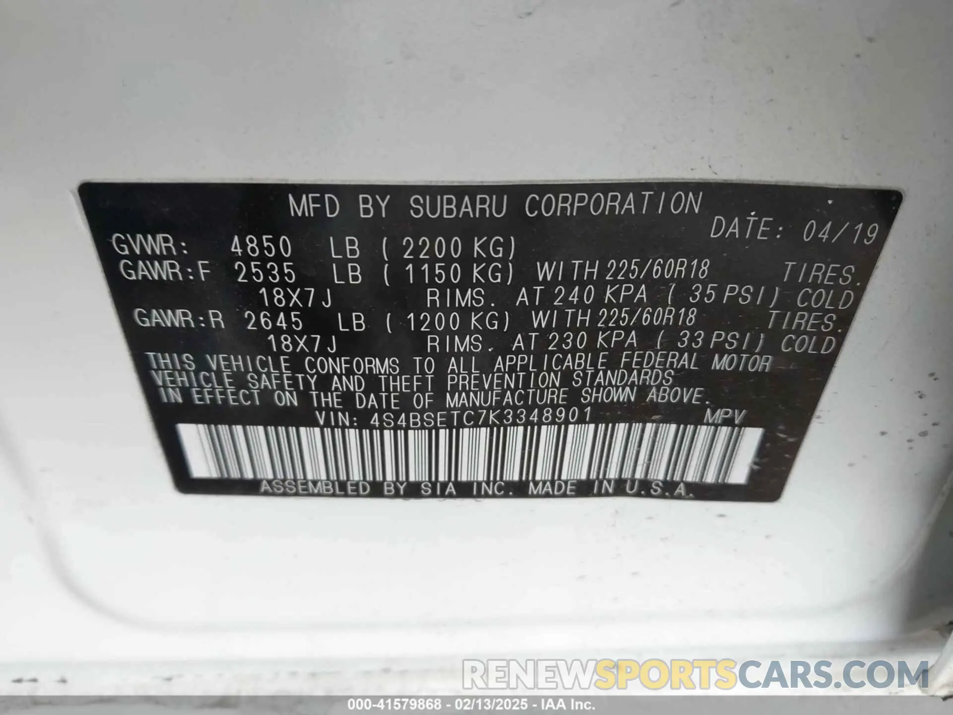 9 Photograph of a damaged car 4S4BSETC7K3348901 SUBARU OUTBACK 2019