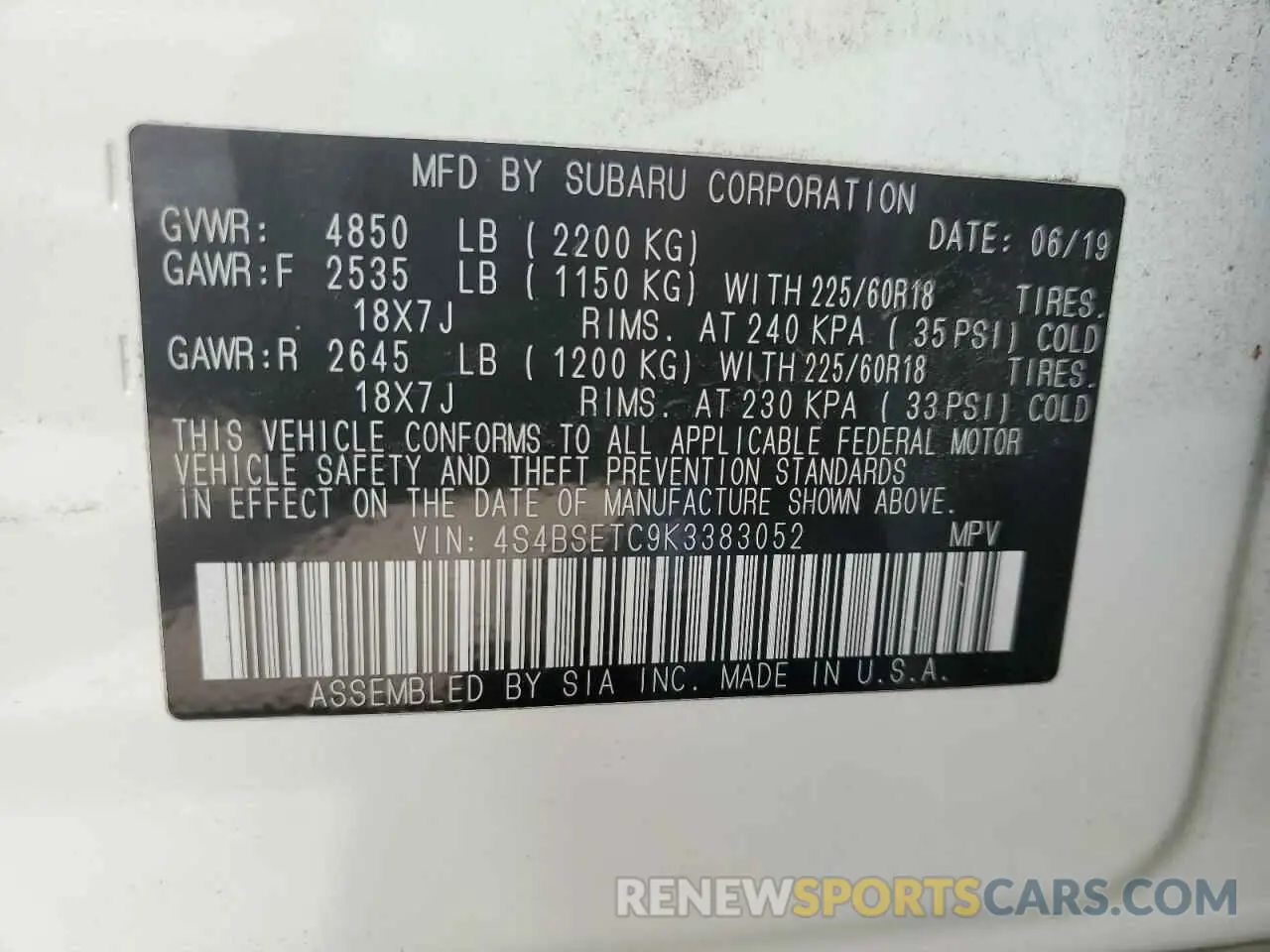 13 Photograph of a damaged car 4S4BSETC9K3383052 SUBARU OUTBACK 2019