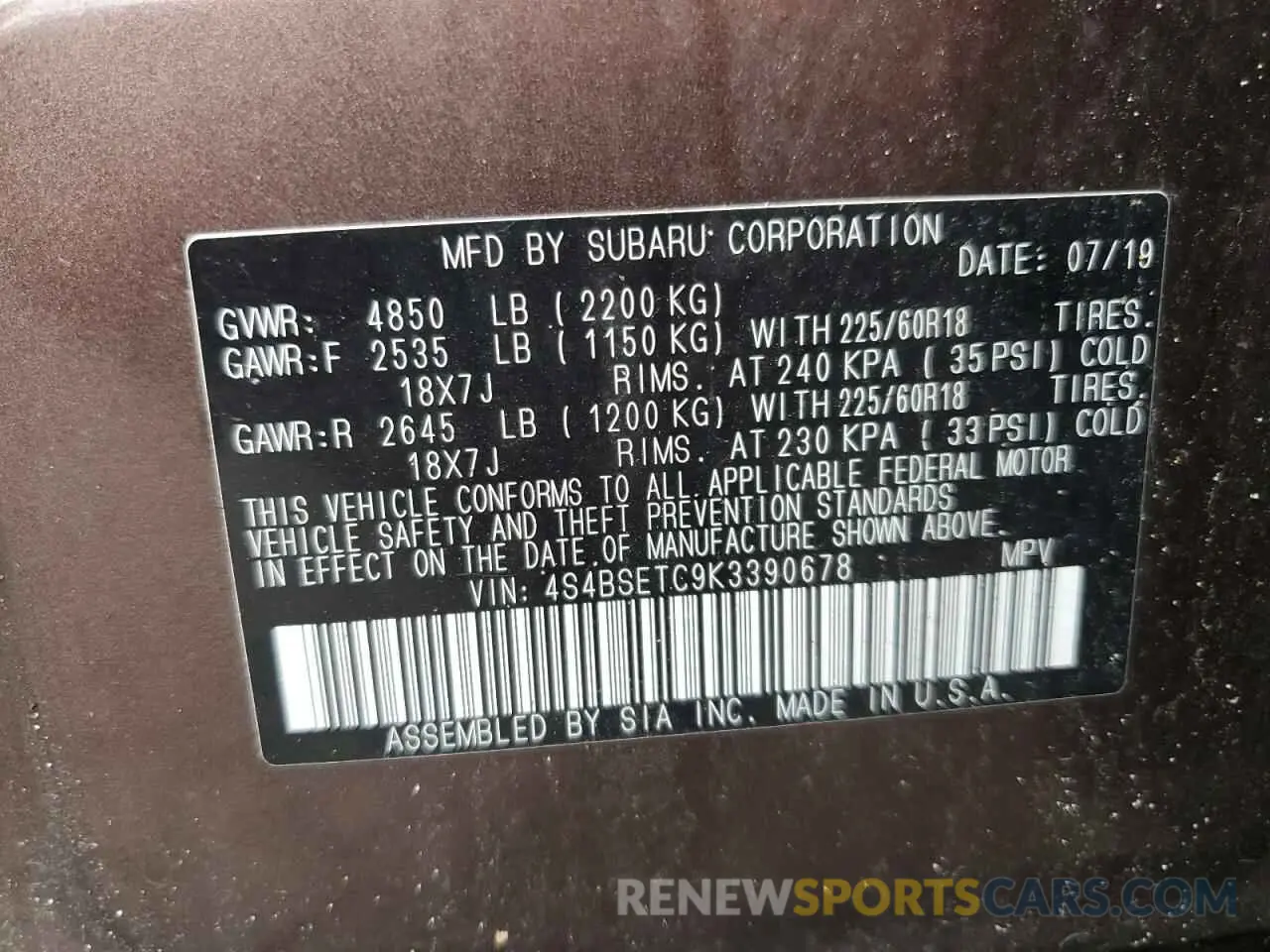 15 Photograph of a damaged car 4S4BSETC9K3390678 SUBARU OUTBACK 2019