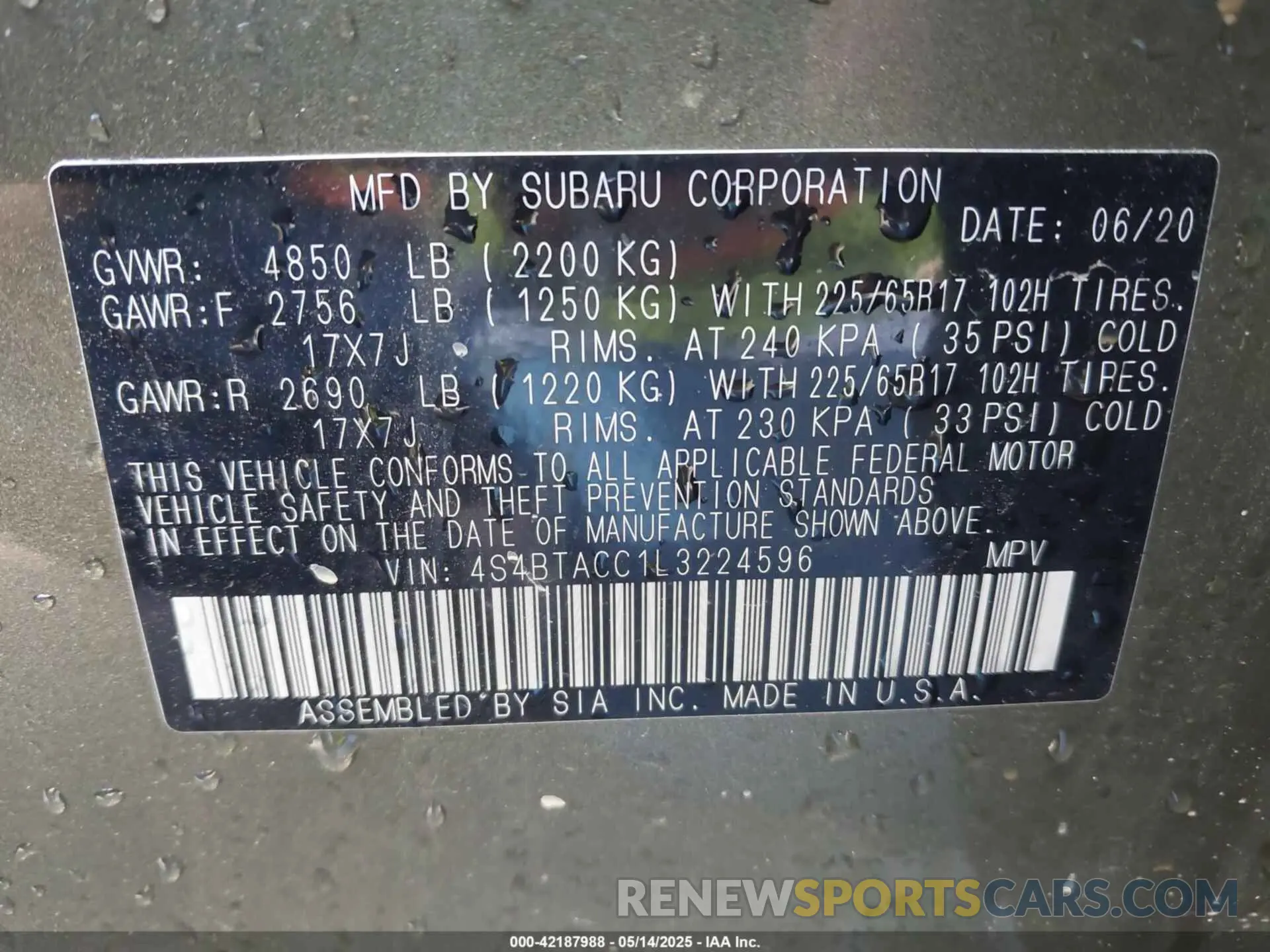9 Photograph of a damaged car 4S4BTACC1L3224596 SUBARU OUTBACK 2020