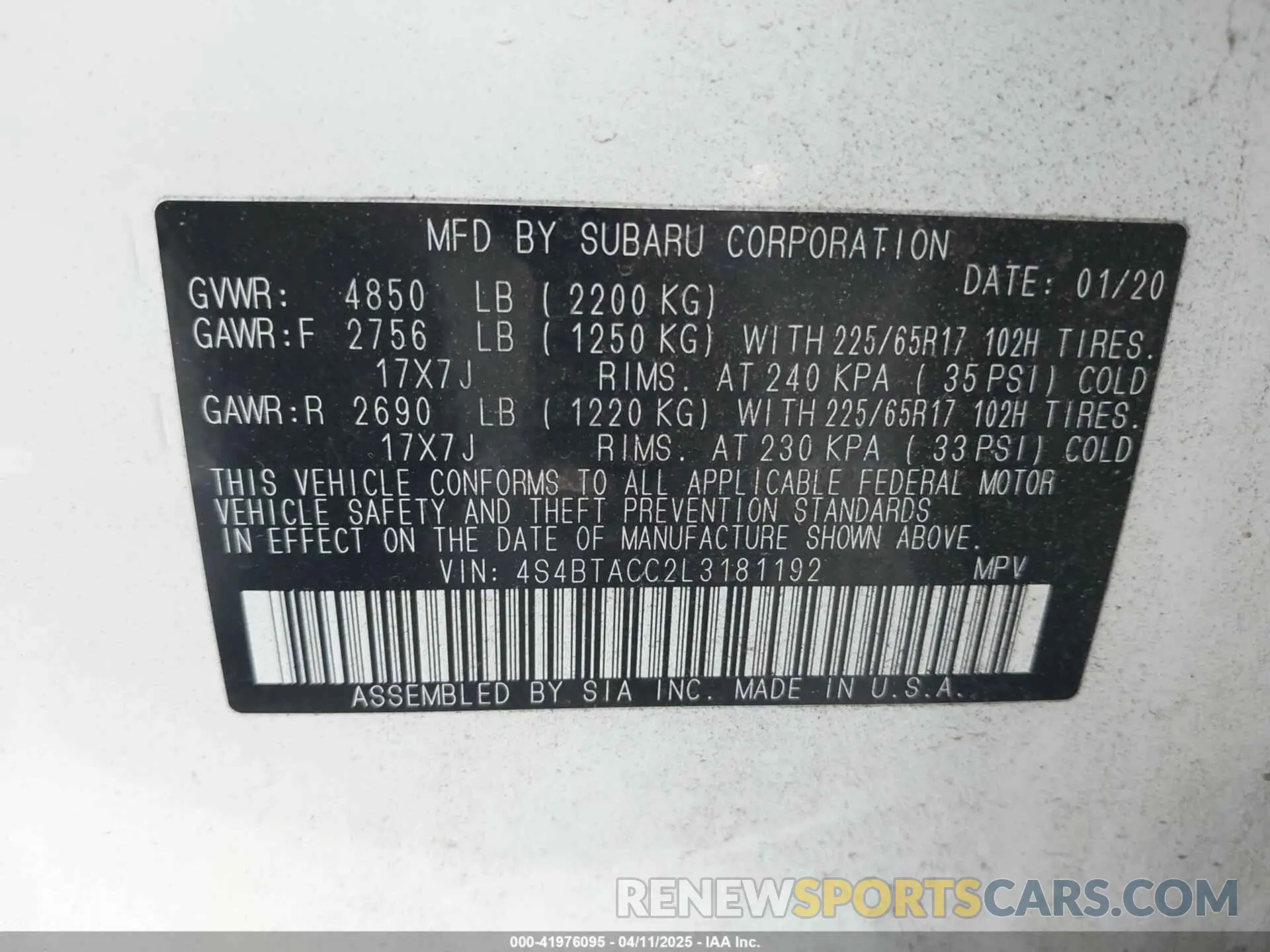 9 Photograph of a damaged car 4S4BTACC2L3181192 SUBARU OUTBACK 2020