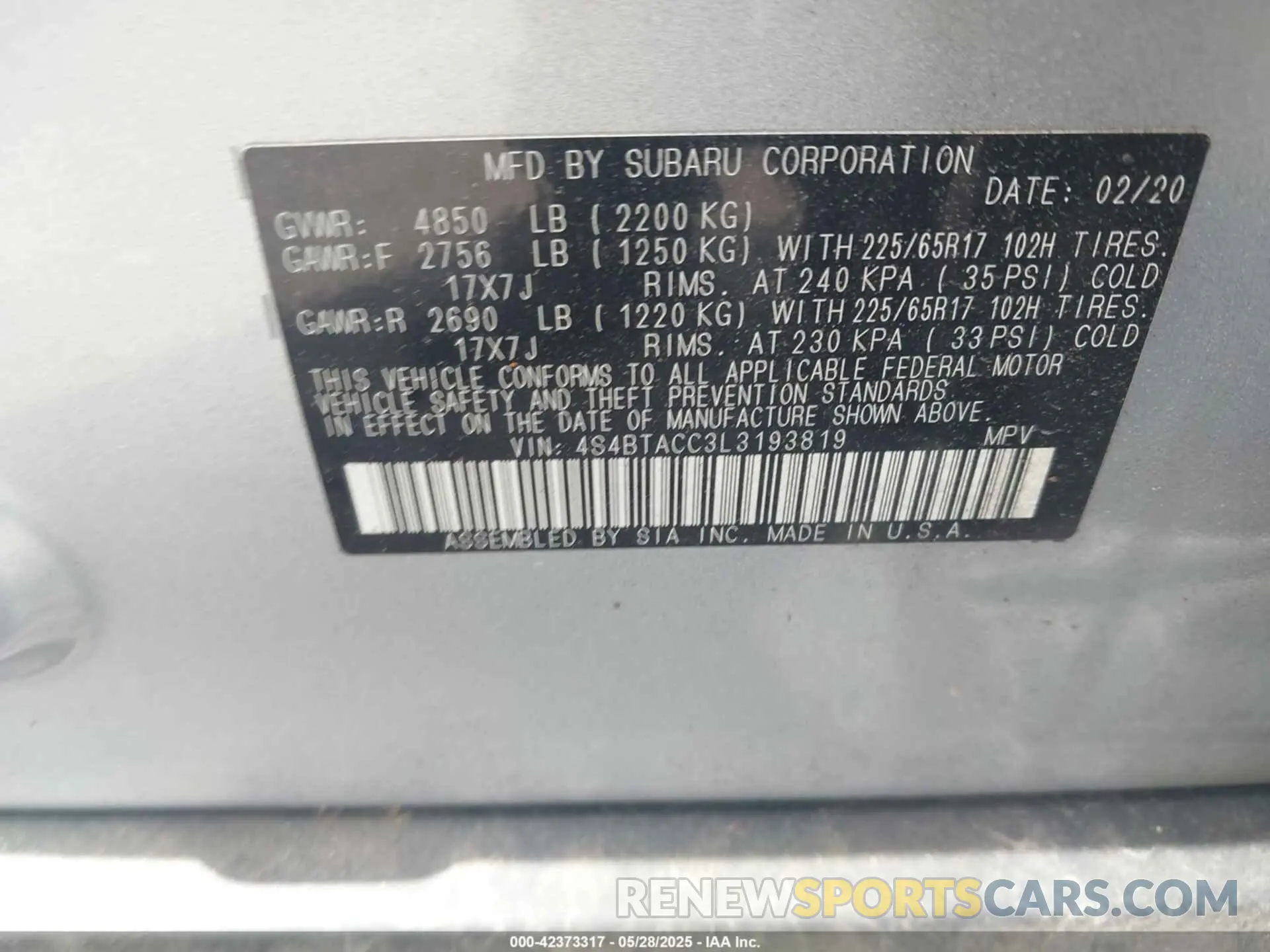 9 Photograph of a damaged car 4S4BTACC3L3193819 SUBARU OUTBACK 2020
