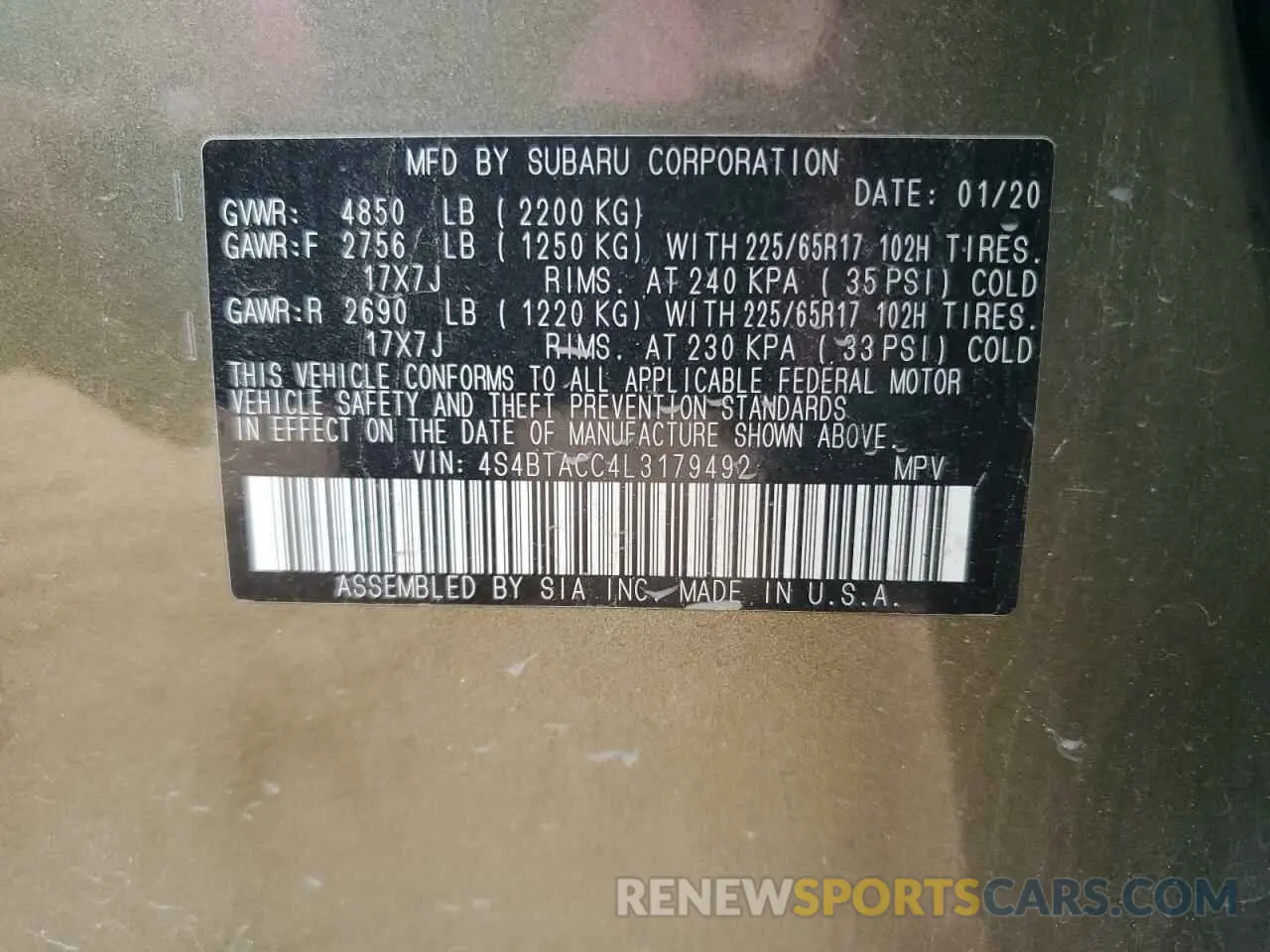 12 Photograph of a damaged car 4S4BTACC4L3179492 SUBARU OUTBACK 2020