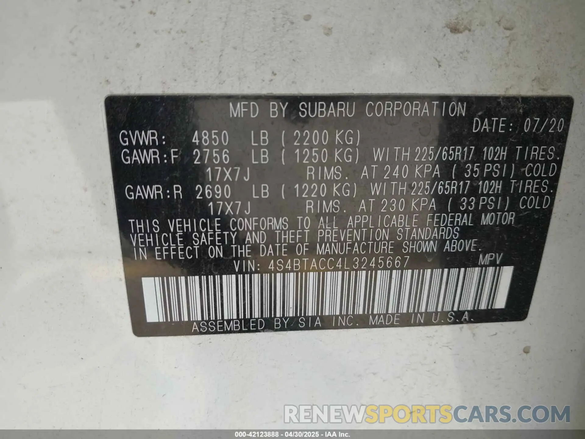 9 Photograph of a damaged car 4S4BTACC4L3245667 SUBARU OUTBACK 2020