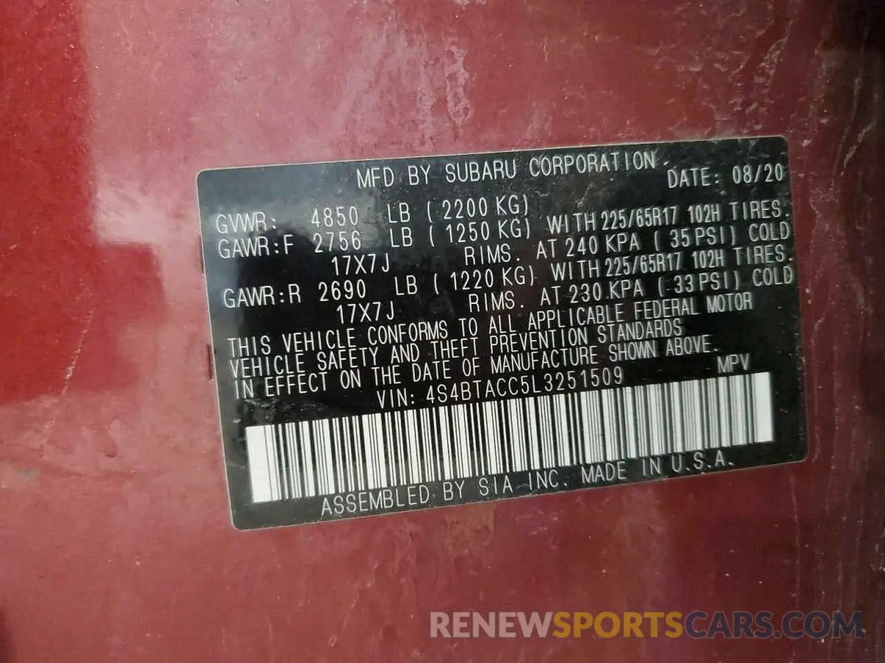 13 Photograph of a damaged car 4S4BTACC5L3251509 SUBARU OUTBACK 2020