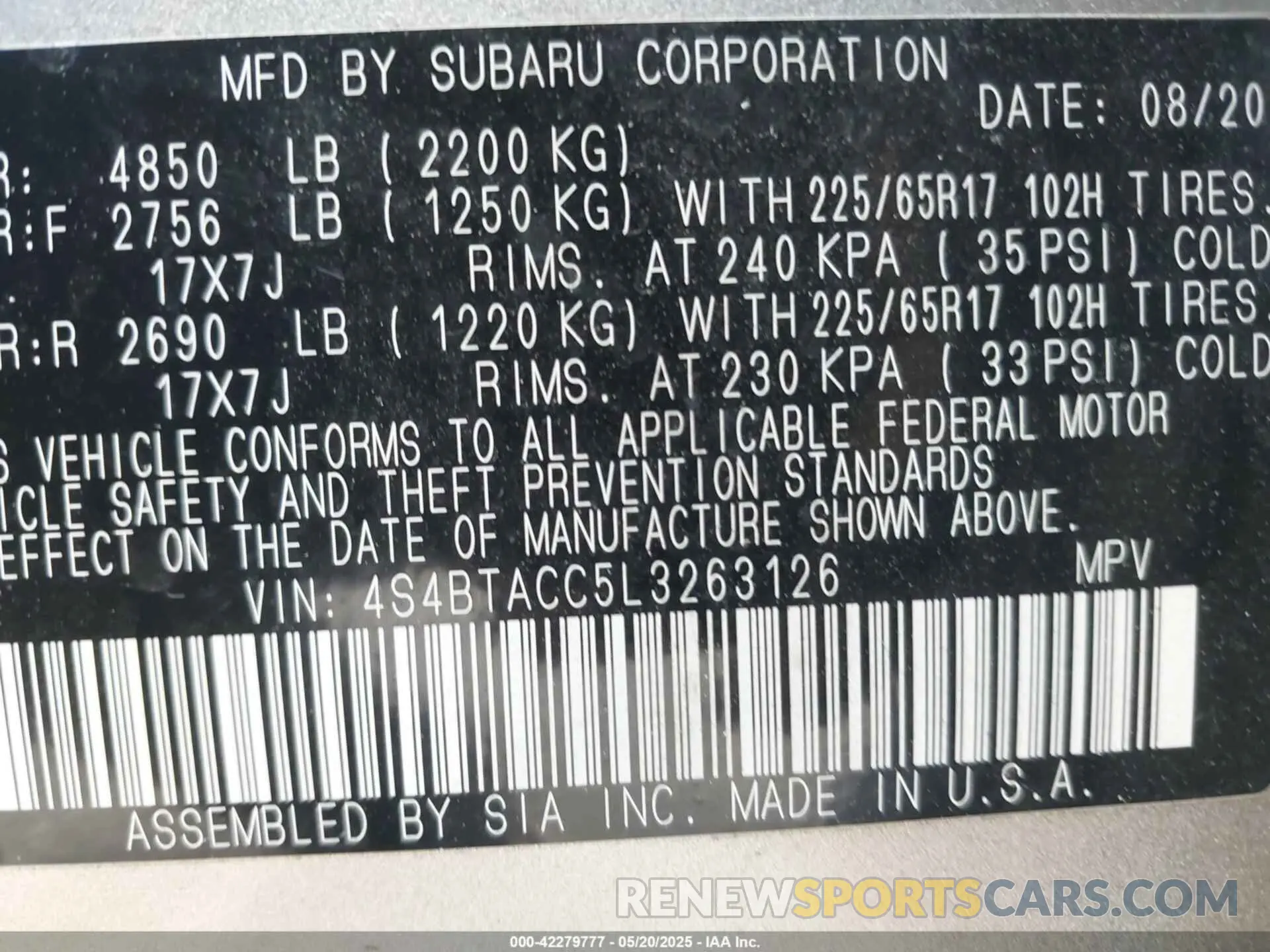 9 Photograph of a damaged car 4S4BTACC5L3263126 SUBARU OUTBACK 2020