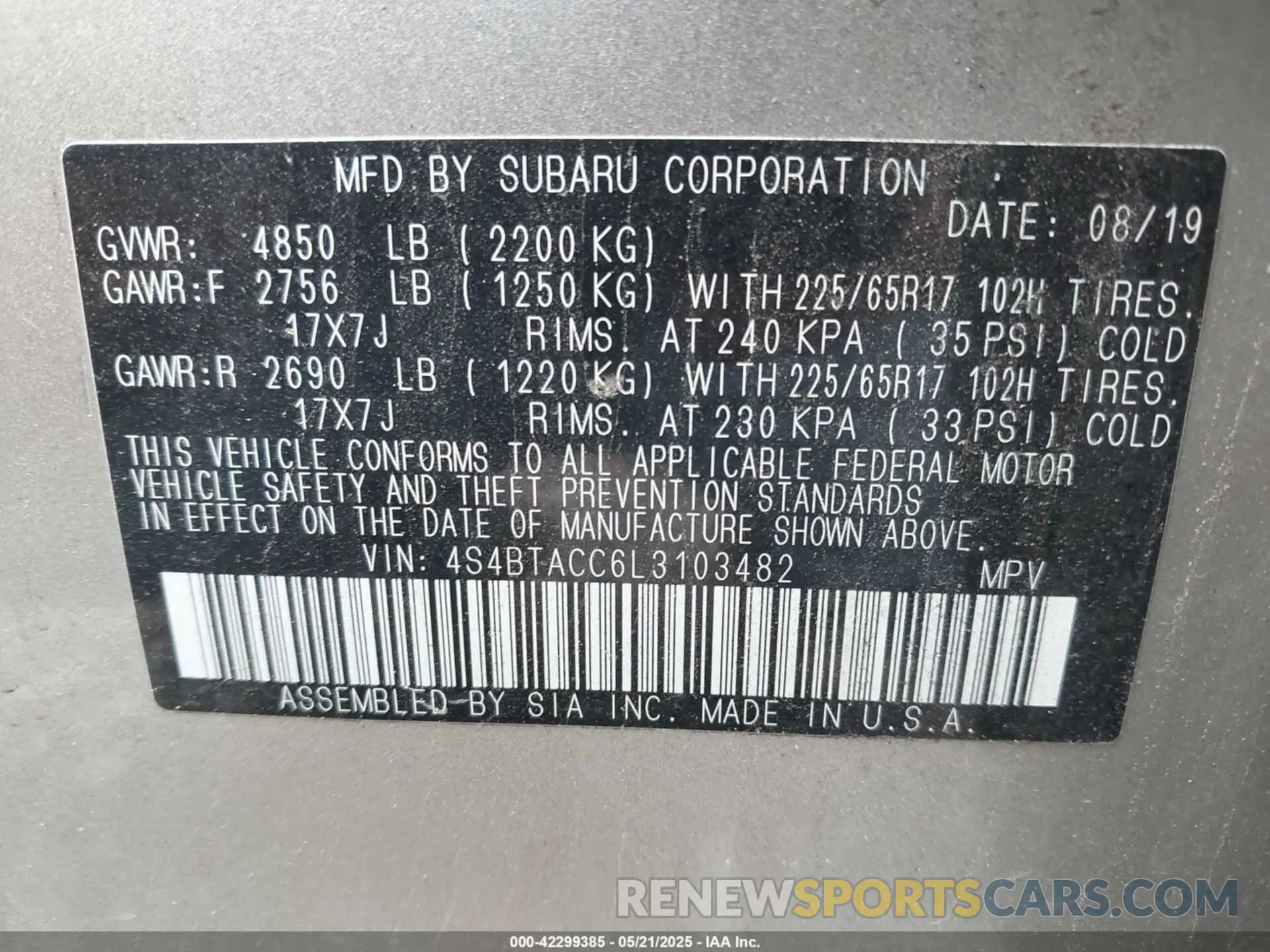 9 Photograph of a damaged car 4S4BTACC6L3103482 SUBARU OUTBACK 2020