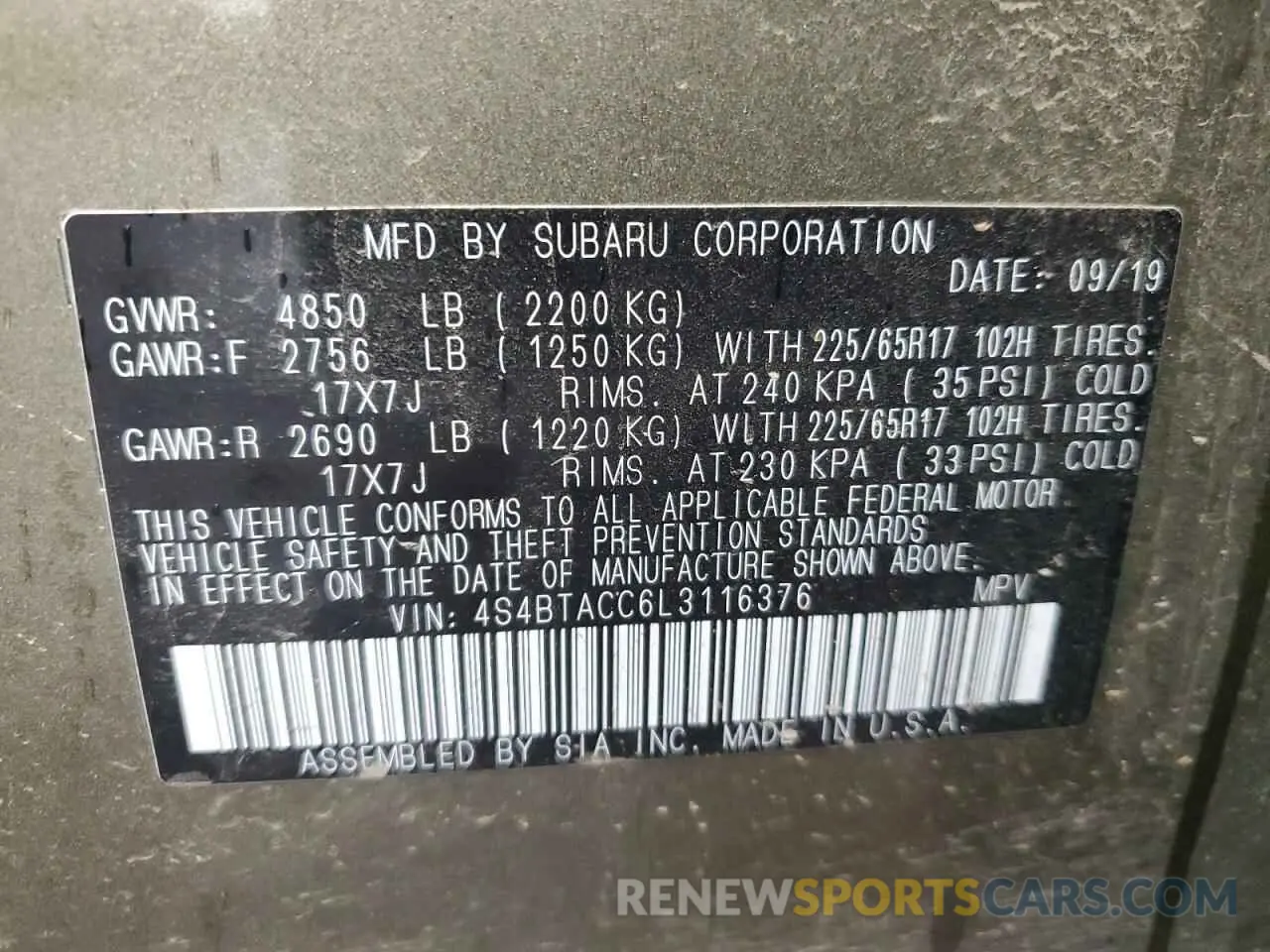 12 Photograph of a damaged car 4S4BTACC6L3116376 SUBARU OUTBACK 2020