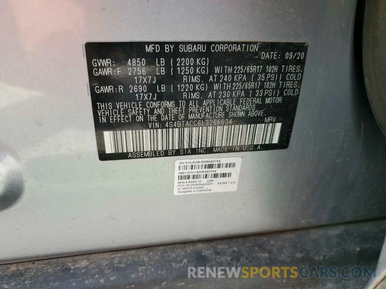 13 Photograph of a damaged car 4S4BTACC6L3266634 SUBARU OUTBACK 2020