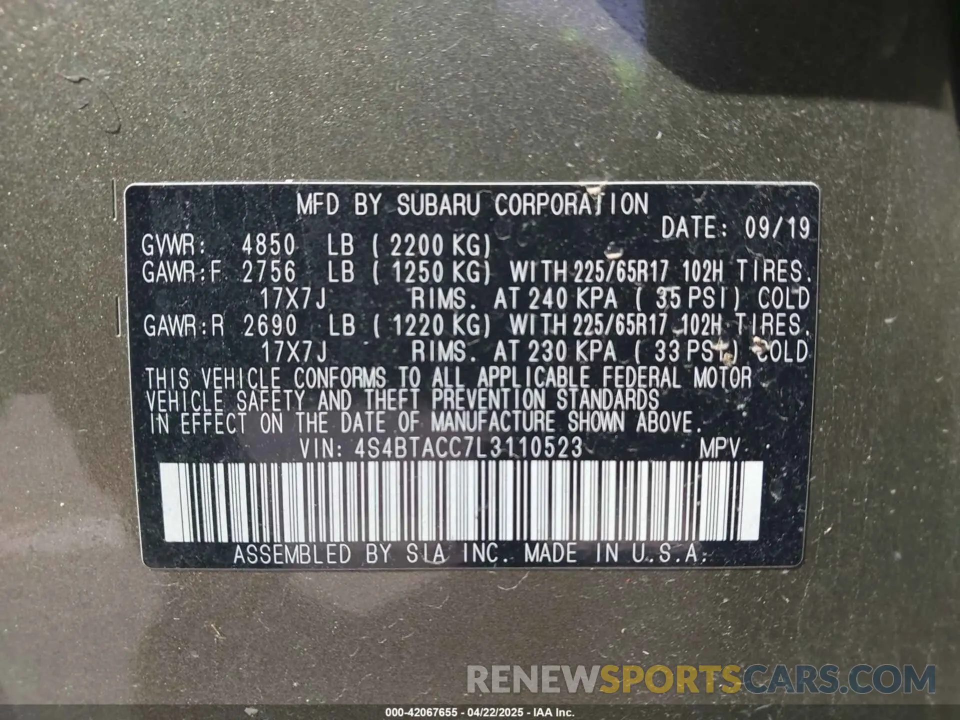 9 Photograph of a damaged car 4S4BTACC7L3110523 SUBARU OUTBACK 2020
