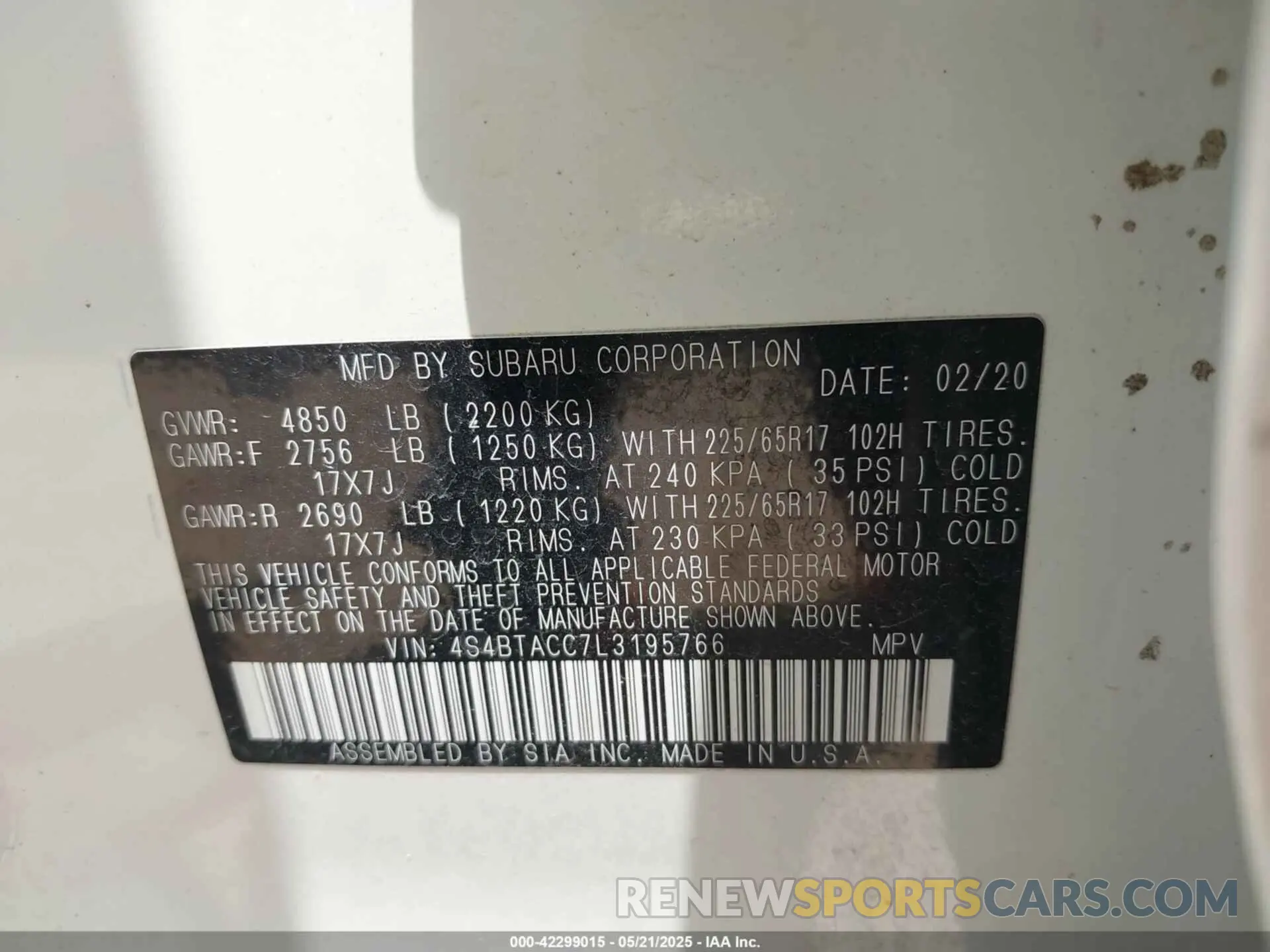 9 Photograph of a damaged car 4S4BTACC7L3195766 SUBARU OUTBACK 2020