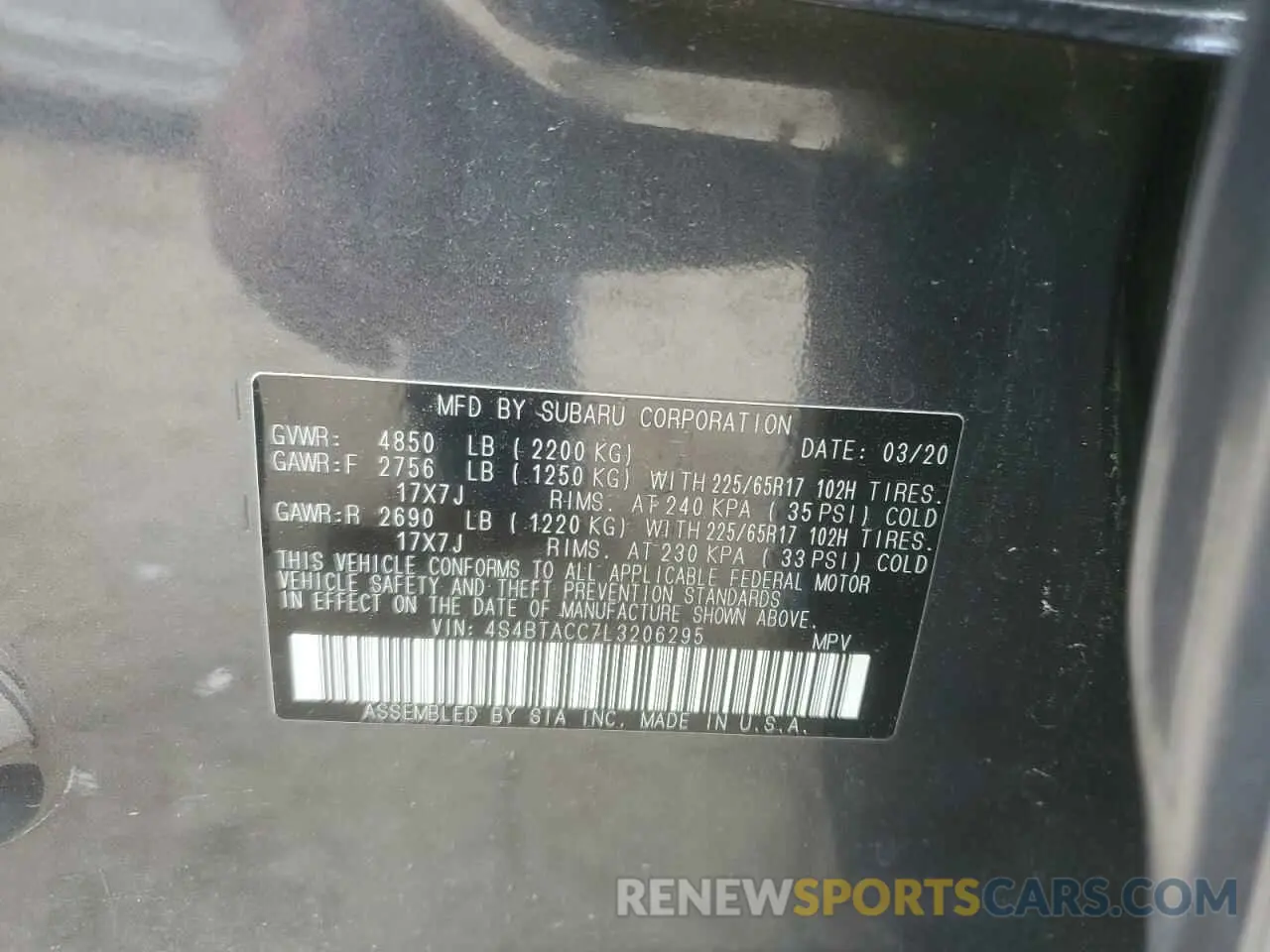 13 Photograph of a damaged car 4S4BTACC7L3206295 SUBARU OUTBACK 2020