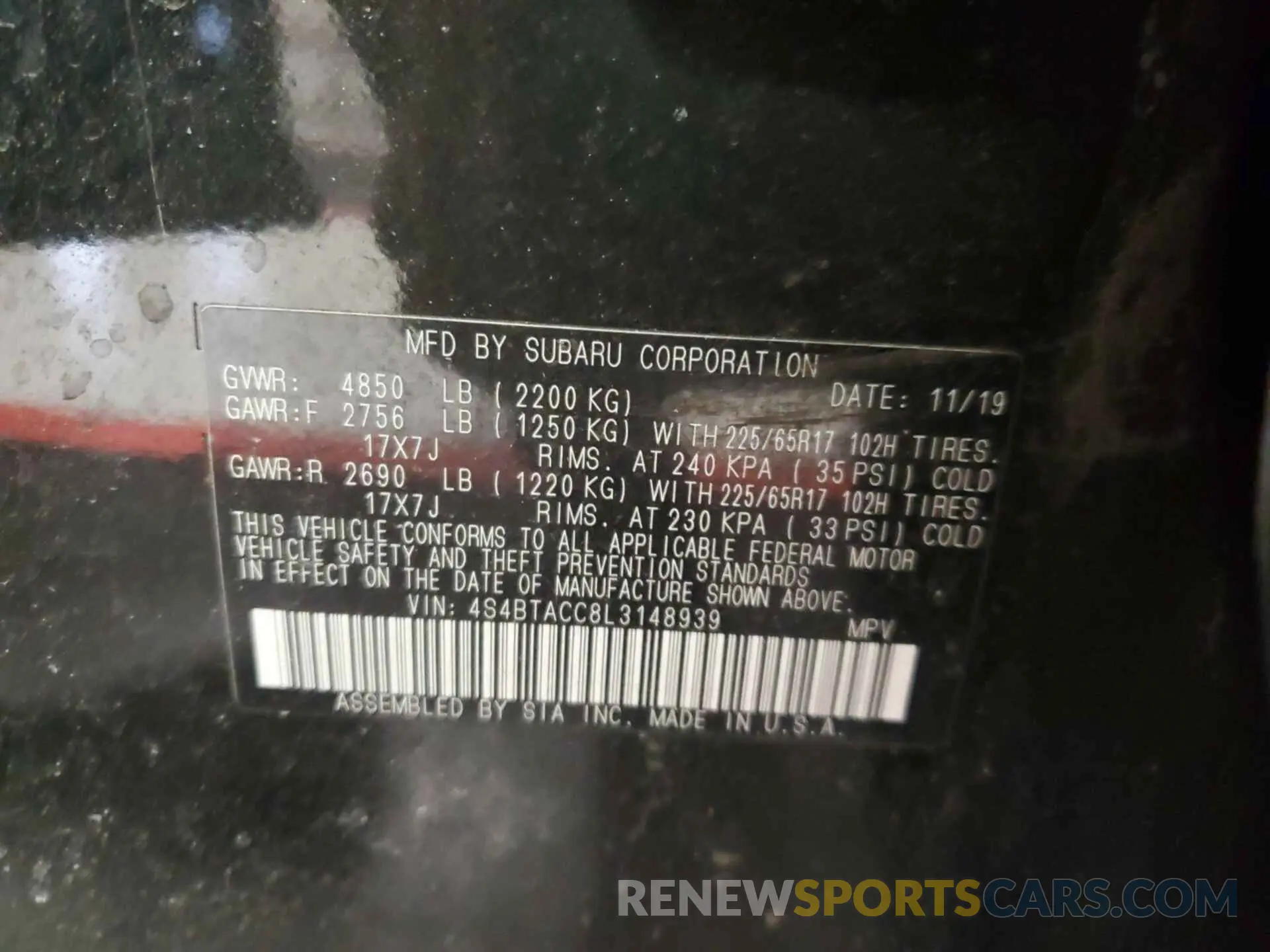 1 Photograph of a damaged car 4S4BTACC8L3148939 SUBARU OUTBACK 2020