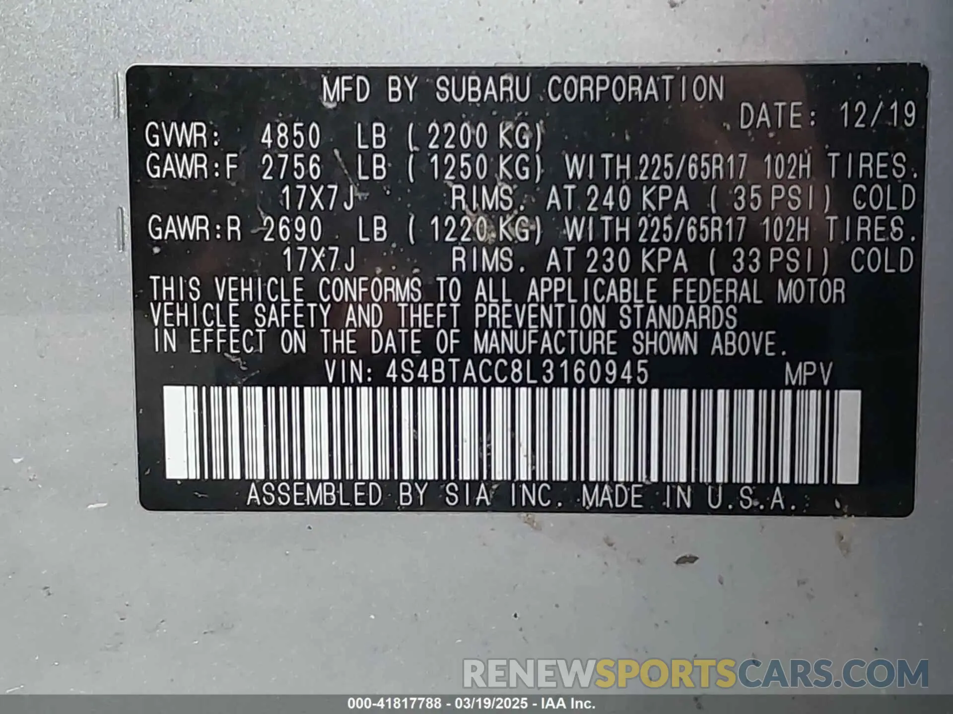9 Photograph of a damaged car 4S4BTACC8L3160945 SUBARU OUTBACK 2020