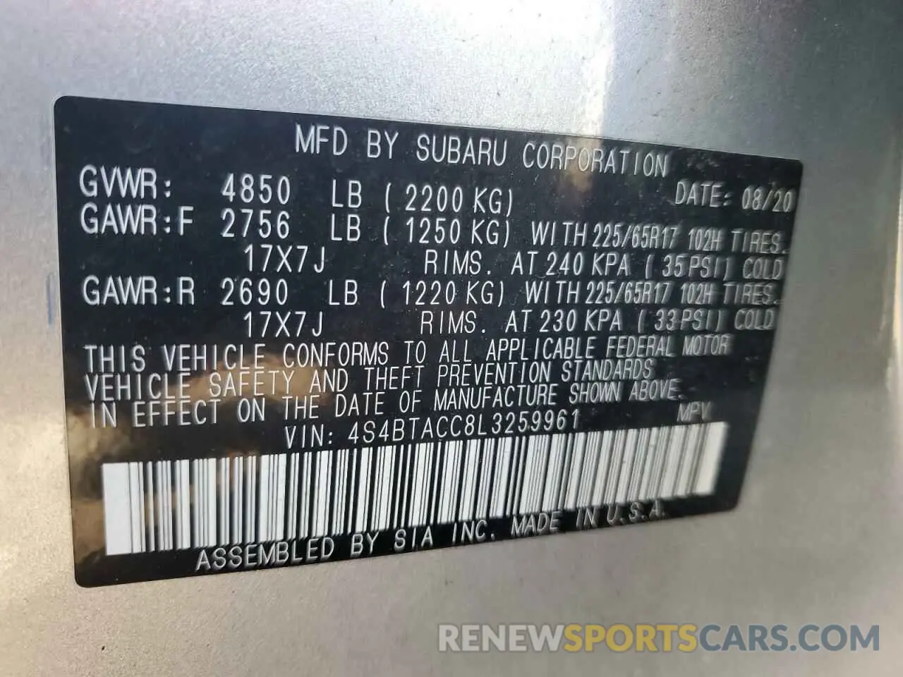 13 Photograph of a damaged car 4S4BTACC8L3259961 SUBARU OUTBACK 2020