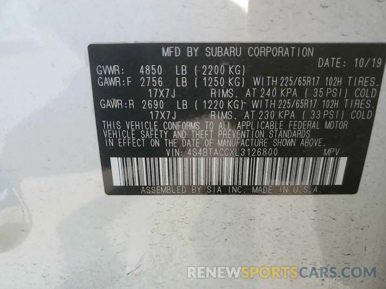 12 Photograph of a damaged car 4S4BTACCXL3126800 SUBARU OUTBACK 2020