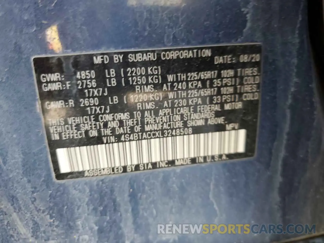 13 Photograph of a damaged car 4S4BTACCXL3248508 SUBARU OUTBACK 2020