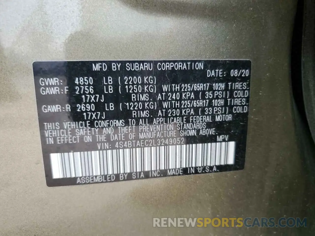 14 Photograph of a damaged car 4S4BTAEC2L3249052 SUBARU OUTBACK 2020
