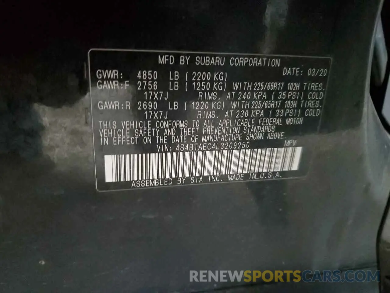 13 Photograph of a damaged car 4S4BTAEC4L3209250 SUBARU OUTBACK 2020