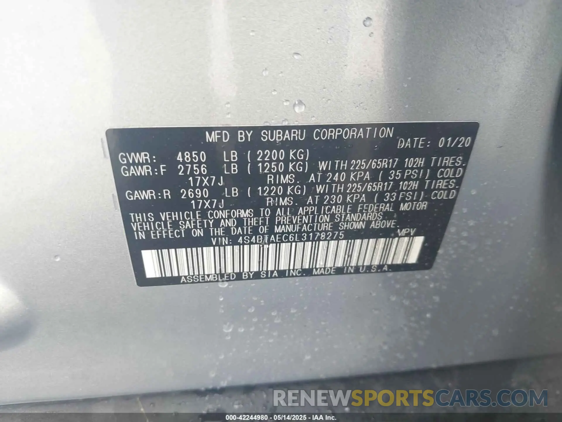 9 Photograph of a damaged car 4S4BTAEC6L3178275 SUBARU OUTBACK 2020