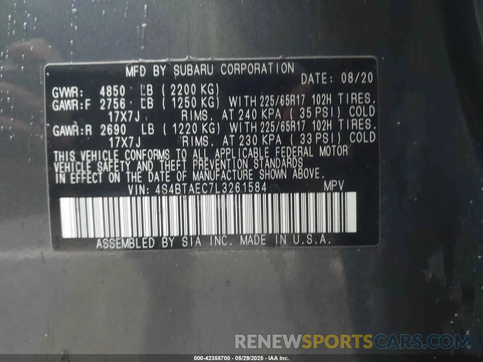 9 Photograph of a damaged car 4S4BTAEC7L3261584 SUBARU OUTBACK 2020