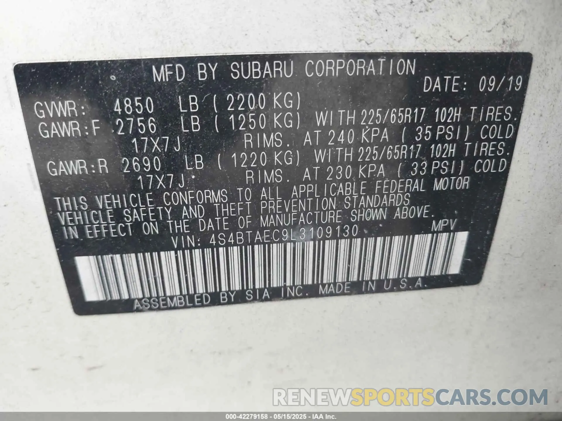 9 Photograph of a damaged car 4S4BTAEC9L3109130 SUBARU OUTBACK 2020