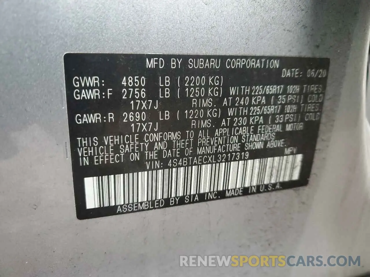 14 Photograph of a damaged car 4S4BTAECXL3217319 SUBARU OUTBACK 2020