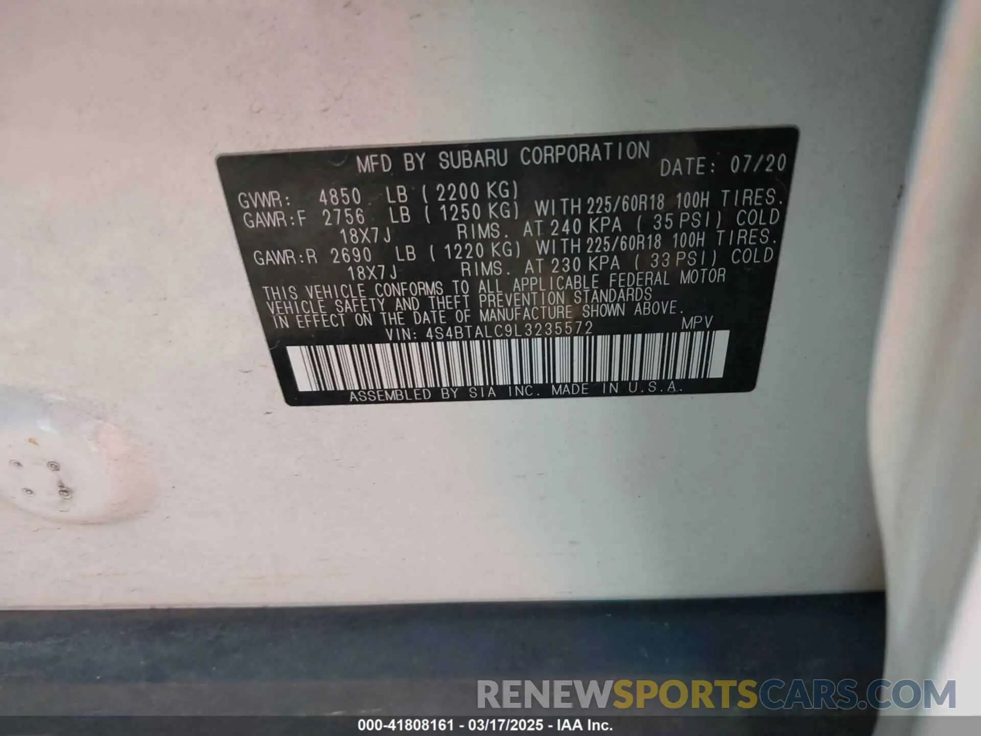 9 Photograph of a damaged car 4S4BTALC9L3235572 SUBARU OUTBACK 2020