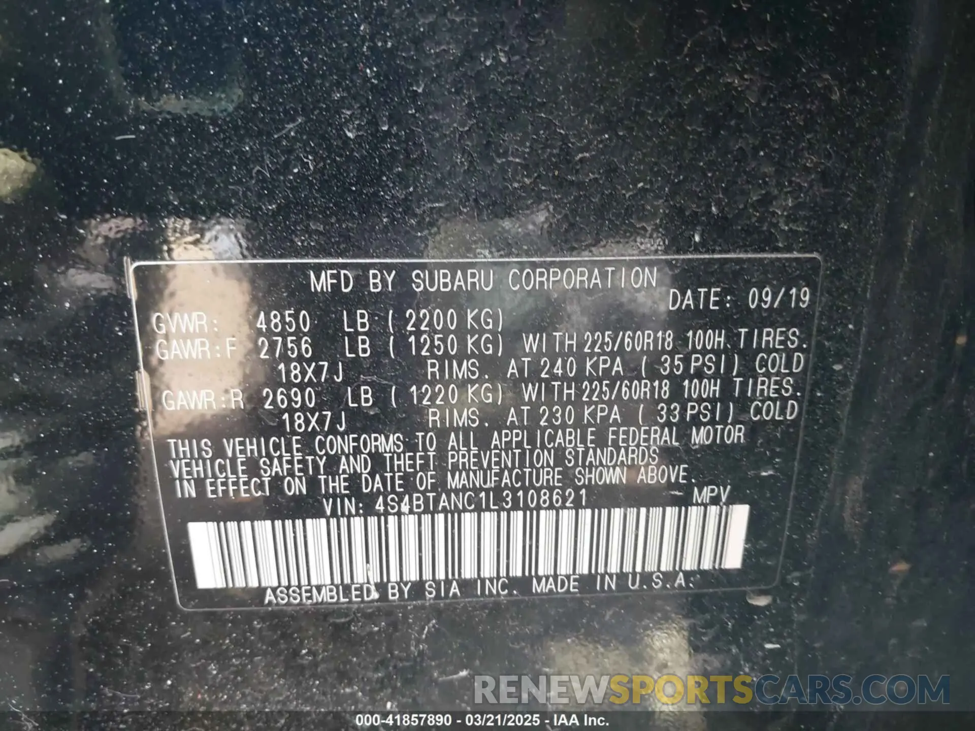 9 Photograph of a damaged car 4S4BTANC1L3108621 SUBARU OUTBACK 2020