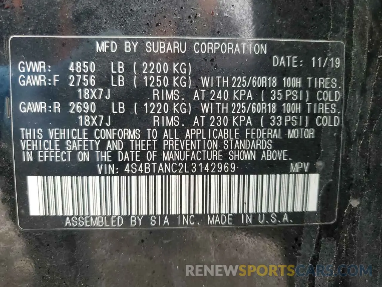 12 Photograph of a damaged car 4S4BTANC2L3142969 SUBARU OUTBACK 2020
