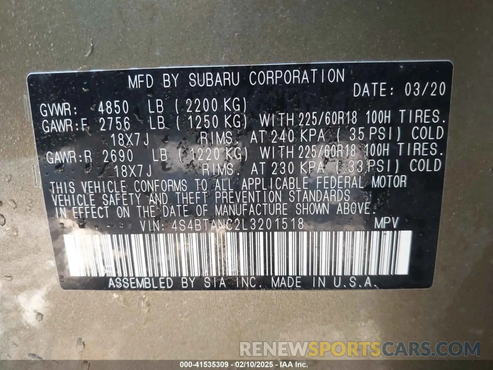 9 Photograph of a damaged car 4S4BTANC2L3201518 SUBARU OUTBACK 2020