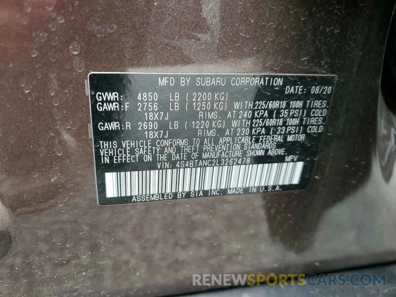 14 Photograph of a damaged car 4S4BTANC2L3262478 SUBARU OUTBACK 2020