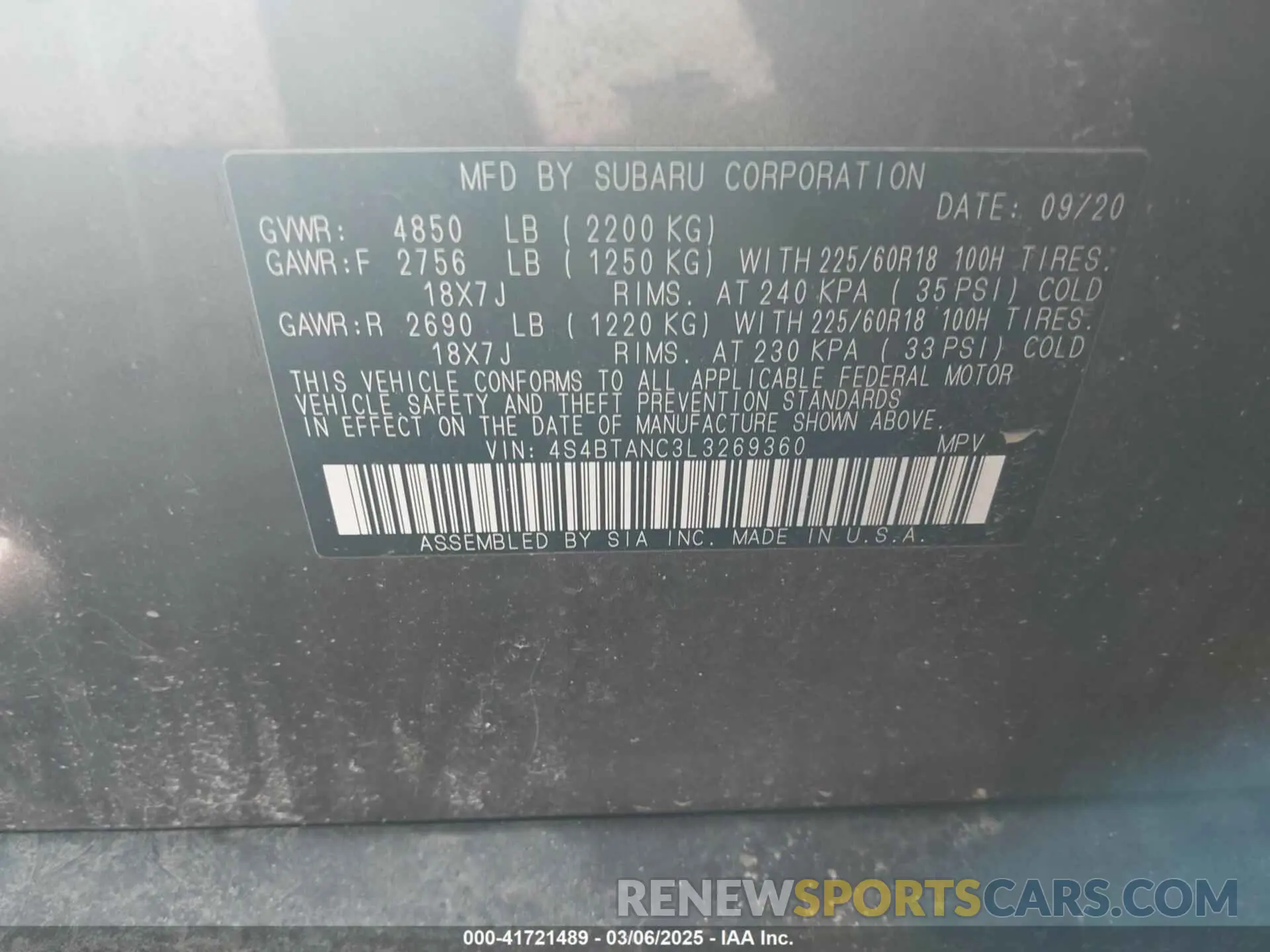 9 Photograph of a damaged car 4S4BTANC3L3269360 SUBARU OUTBACK 2020