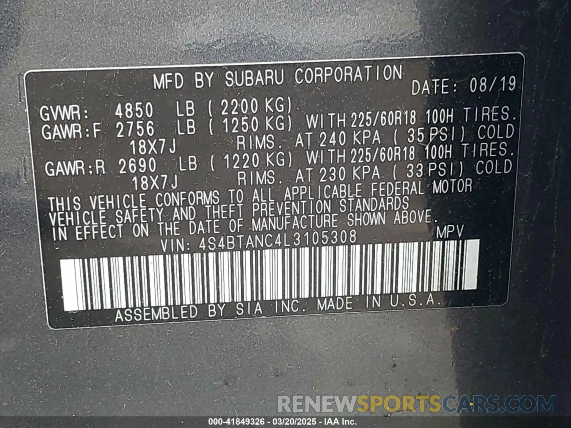 9 Photograph of a damaged car 4S4BTANC4L3105308 SUBARU OUTBACK 2020