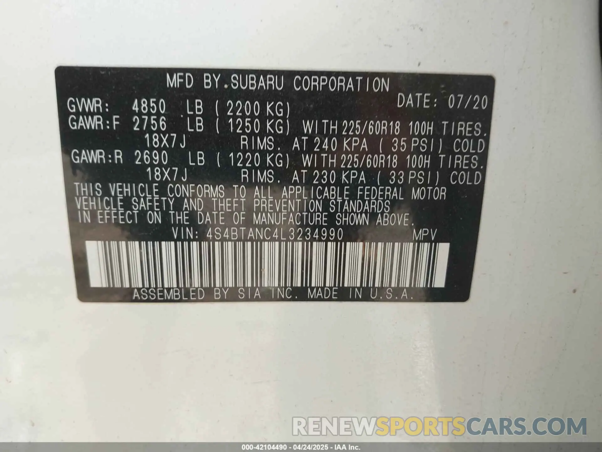 9 Photograph of a damaged car 4S4BTANC4L3234990 SUBARU OUTBACK 2020