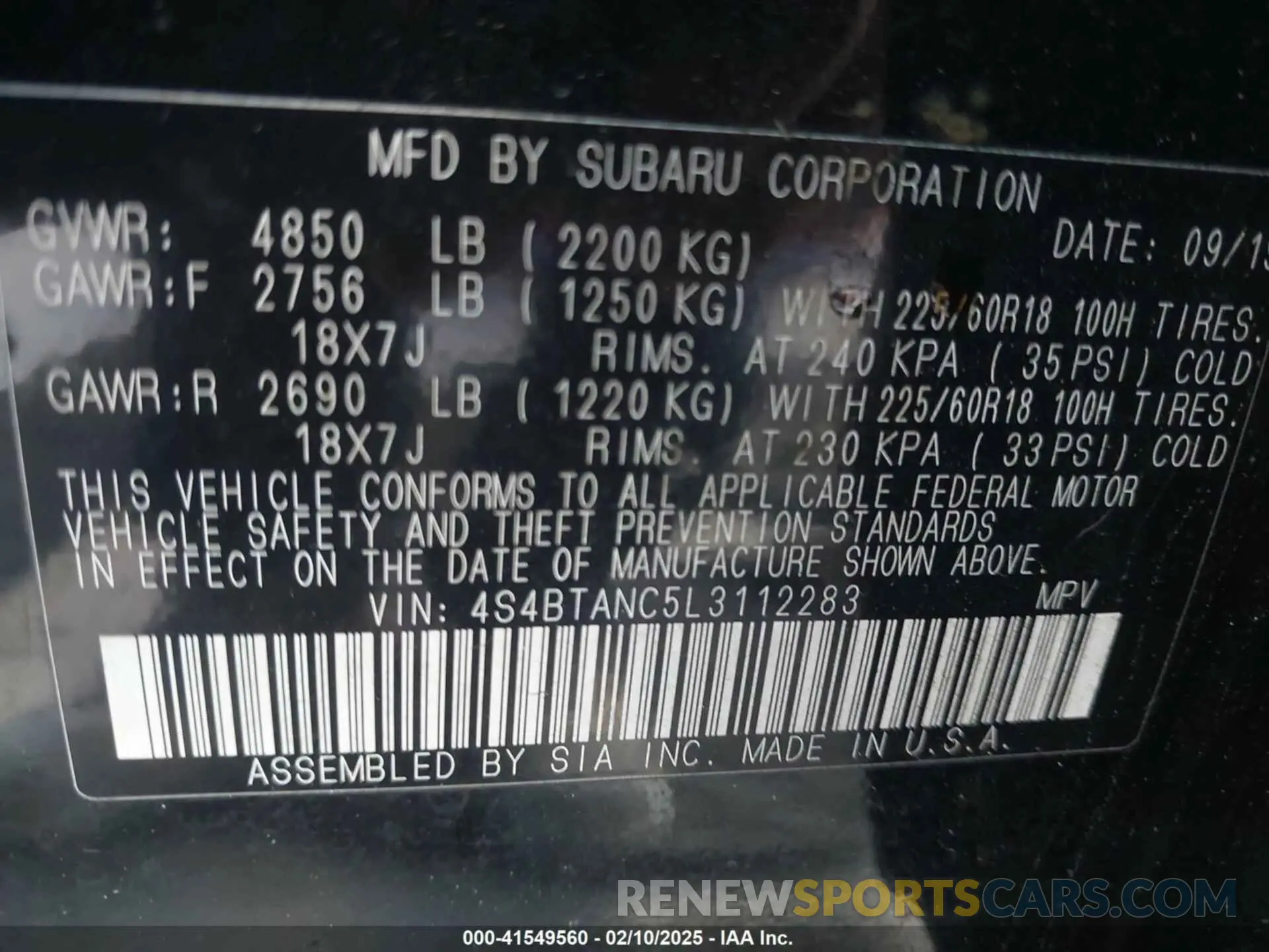 9 Photograph of a damaged car 4S4BTANC5L3112283 SUBARU OUTBACK 2020