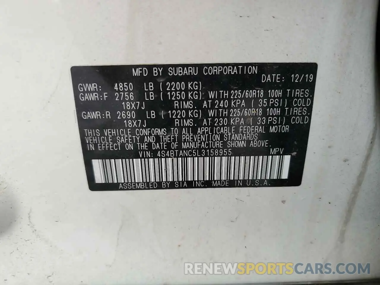 12 Photograph of a damaged car 4S4BTANC5L3158955 SUBARU OUTBACK 2020