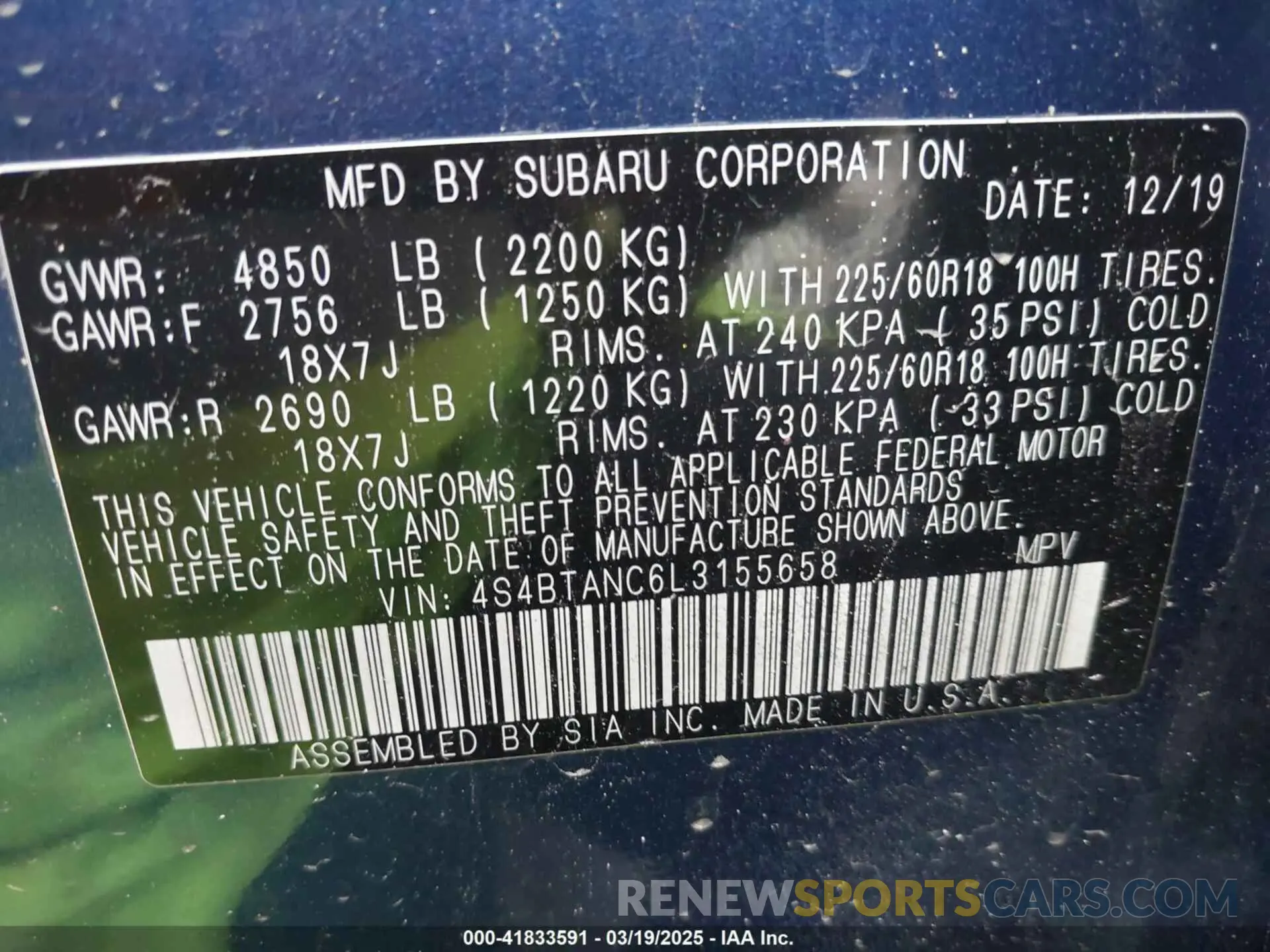 9 Photograph of a damaged car 4S4BTANC6L3155658 SUBARU OUTBACK 2020