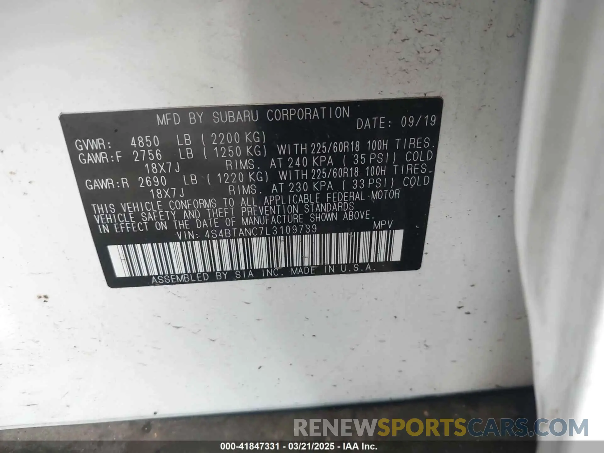 9 Photograph of a damaged car 4S4BTANC7L3109739 SUBARU OUTBACK 2020
