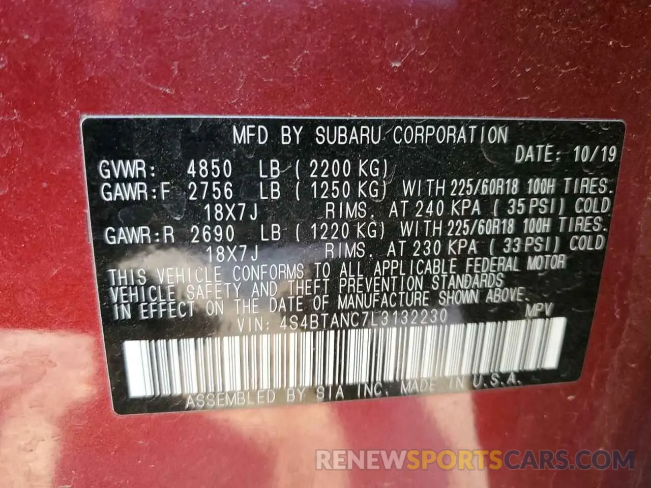 13 Photograph of a damaged car 4S4BTANC7L3132230 SUBARU OUTBACK 2020