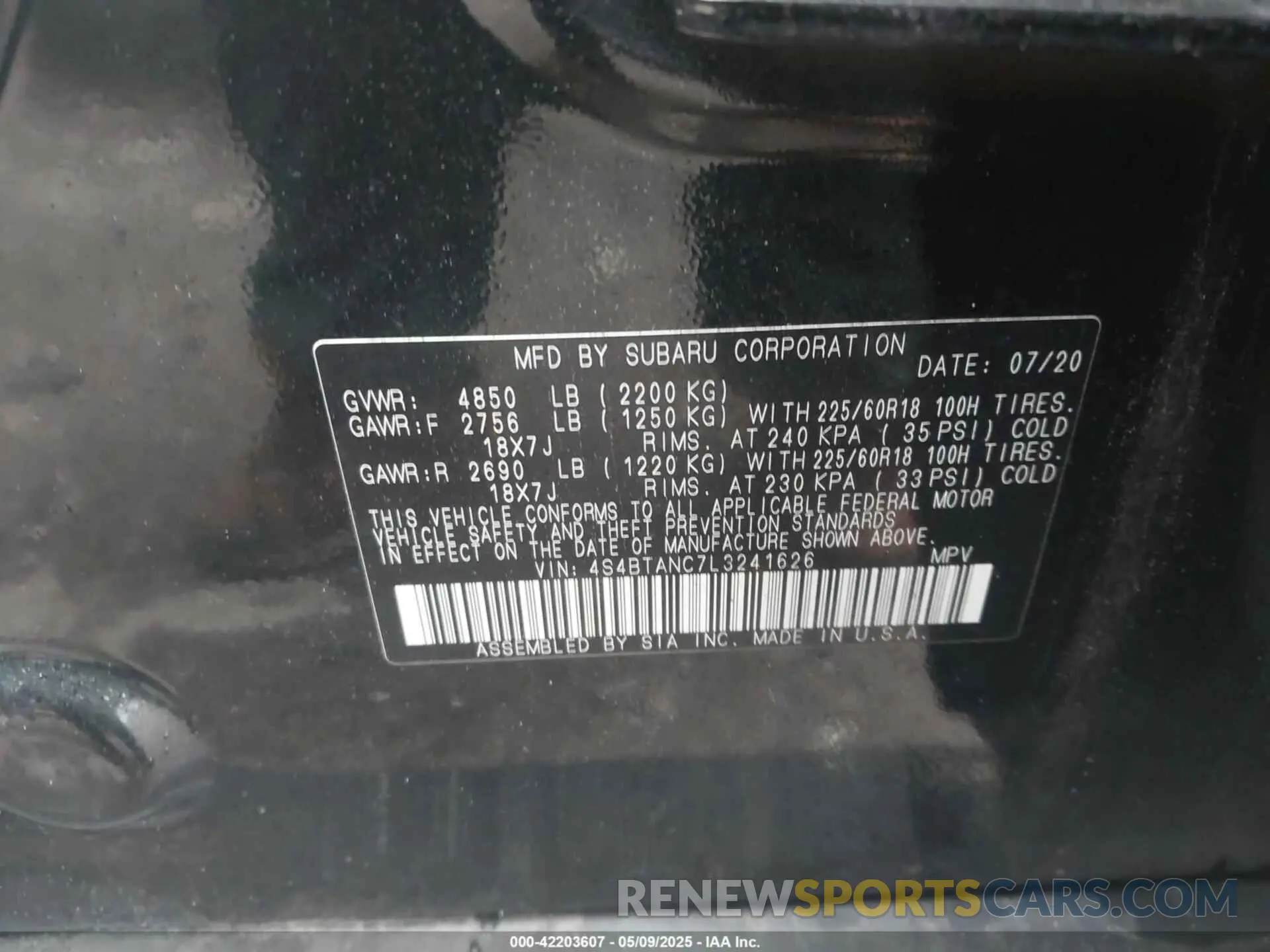 9 Photograph of a damaged car 4S4BTANC7L3241626 SUBARU OUTBACK 2020