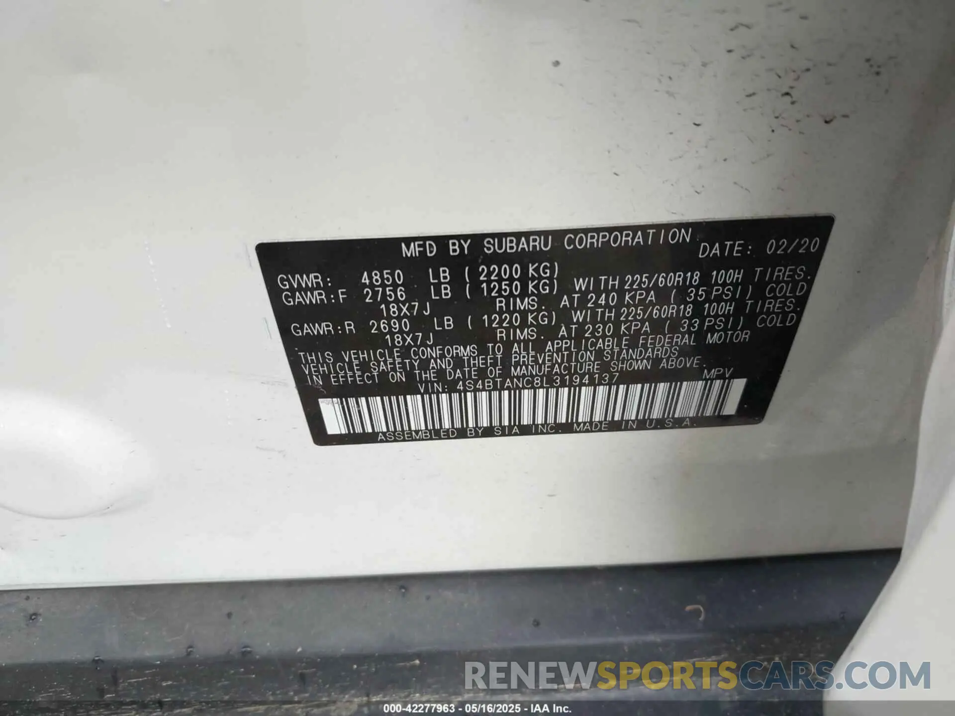 9 Photograph of a damaged car 4S4BTANC8L3194137 SUBARU OUTBACK 2020